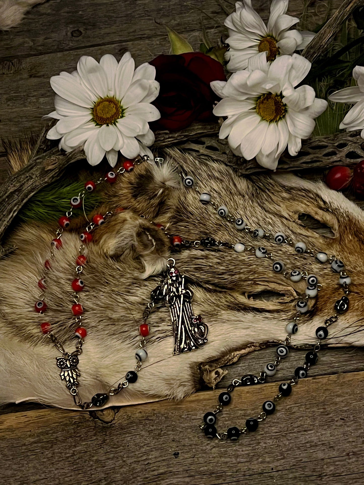 Santa Muerte Evil Eye Rosary + Traditional Colors + 3 Robes + Blessed + Handcrafted + Sterling Silver Plated Chain + Rosario + Tricolor