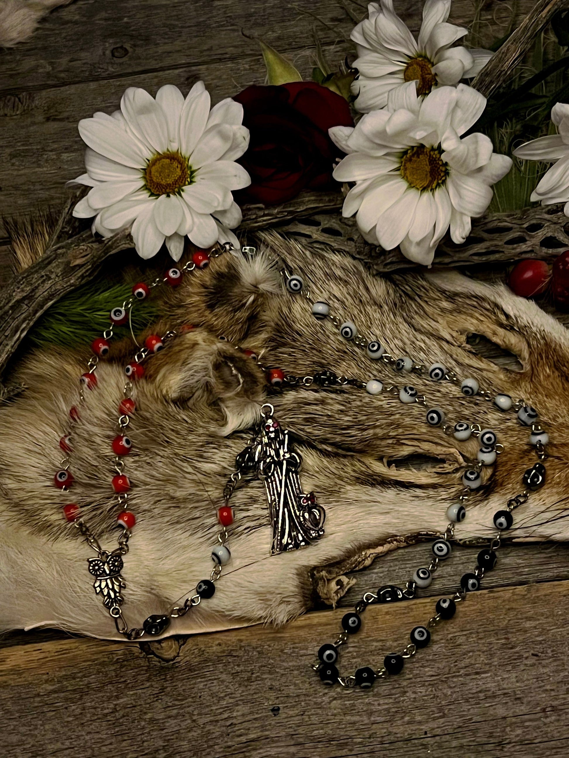 Santa Muerte Evil Eye Rosary + Traditional Colors + 3 Robes + Blessed + Handcrafted + Sterling Silver Plated Chain + Rosario + Tricolor