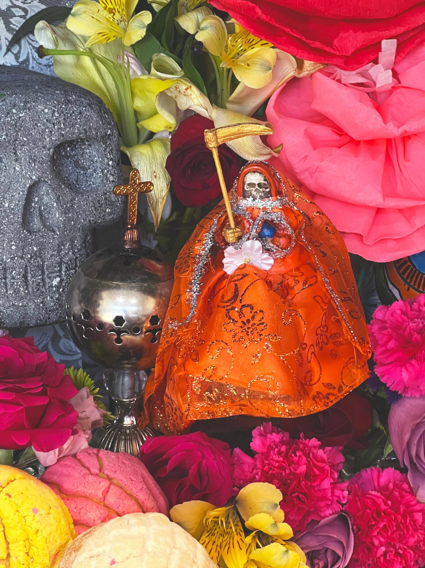 Santa Muerte Naranja Statue with Dress + Baptized + Fixed + Made in Mexico + Orange + Abre Camino + Transformation + Overcoming Addiction