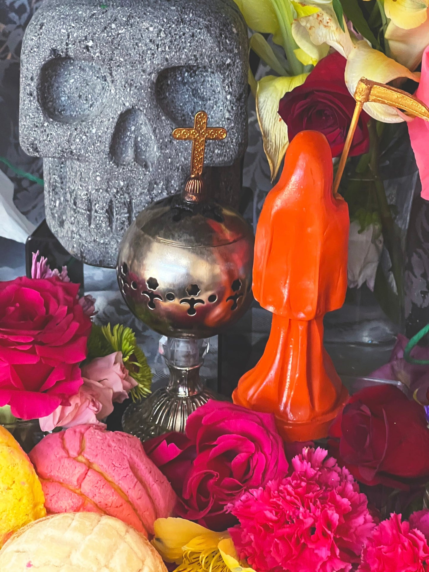 Santa Muerte Naranja Statue with Dress + Baptized + Fixed + Made in Mexico + Orange + Abre Camino + Transformation + Overcoming Addiction