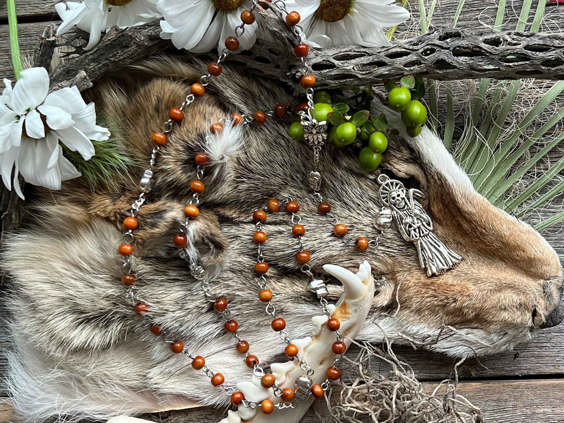 Santa Muerte Marron Rosary with Wood Beads & Santa Muerte Charm + Blessed + Sterling Silver Plated Chain + Handcrafted + Rosario