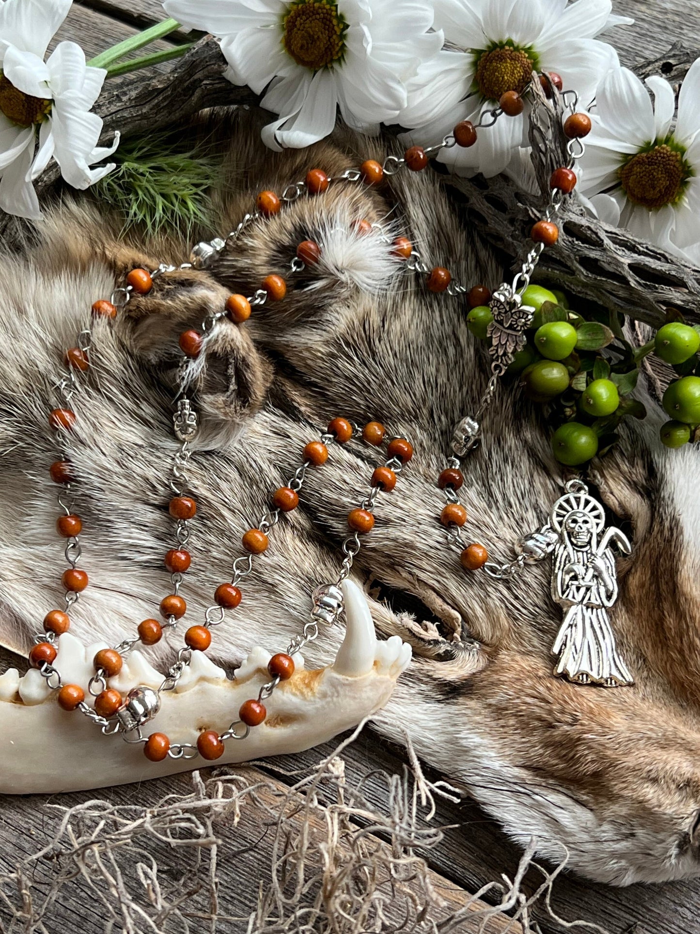 Santa Muerte Marron Rosary with Wood Beads & Santa Muerte Charm + Blessed + Sterling Silver Plated Chain + Handcrafted + Rosario
