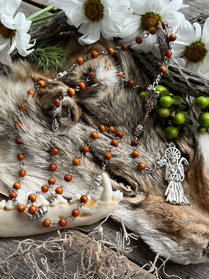 Santa Muerte Marron Rosary with Wood Beads & Santa Muerte Charm + Blessed + Sterling Silver Plated Chain + Handcrafted + Rosario