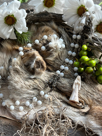 Santa Muerte Blanca Rosary + Sterling Silver Plated Chain + Gemstone + Alabaster + Handcrafted + Rosario