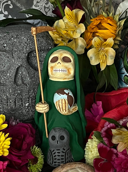 Santa Muerte Verde Statue + Green + Mictecacihuatl + Mictlantecihuatl + Traditionally Crafted from Mexican Clay + 1 of Kind + Made in Mexico