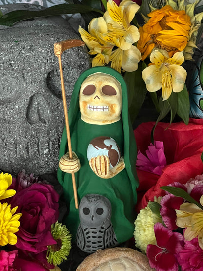 Santa Muerte Verde Statue + Green + Mictecacihuatl + Mictlantecihuatl + Traditionally Crafted from Mexican Clay + 1 of Kind + Made in Mexico