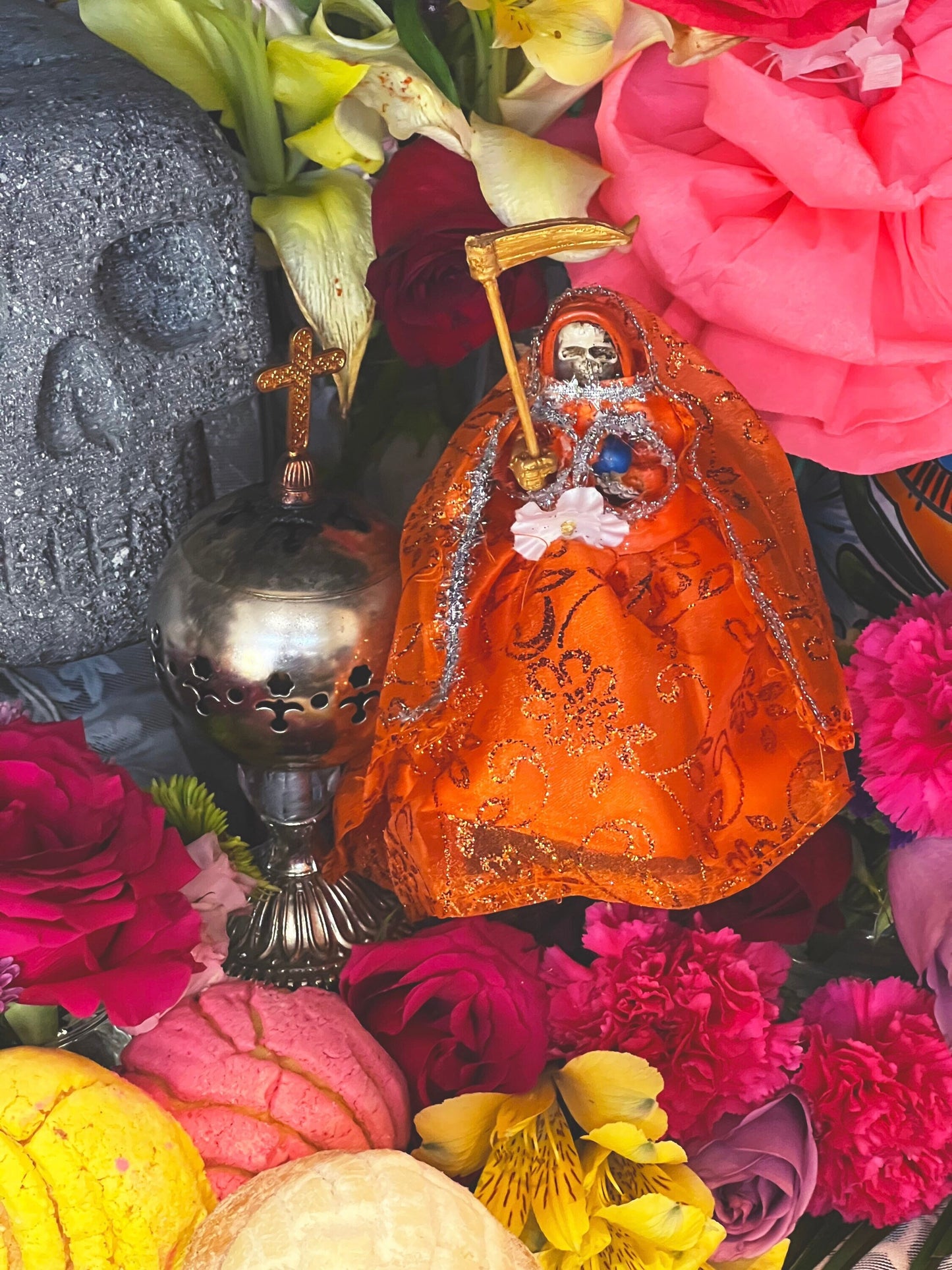 Santa Muerte Naranja Statue with Dress + Baptized + Fixed + Made in Mexico + Orange + Abre Camino + Transformation + Overcoming Addiction