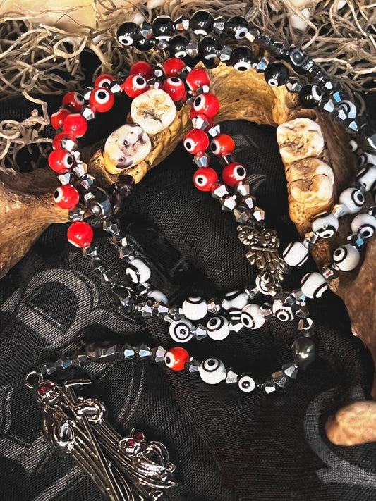Santa Muerte Evil Eye Rosary de Hilo + Traditional Colors + Three Robes + Blessed + Handcrafted + Rosario