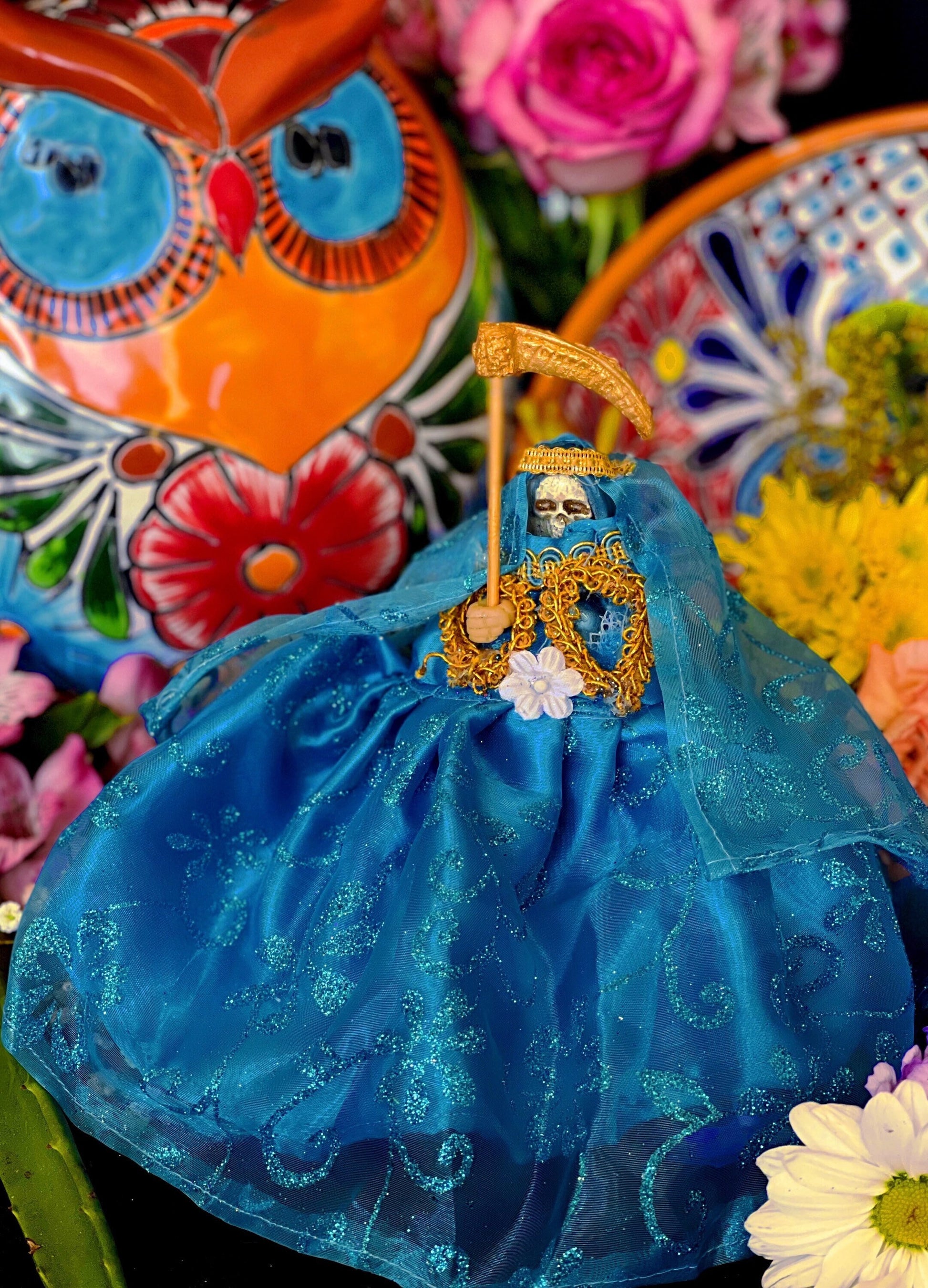 Santa Muerte Azul / Blue Statue with Dress + 24K Gold + Baptized + Fixed + Made in Mexico