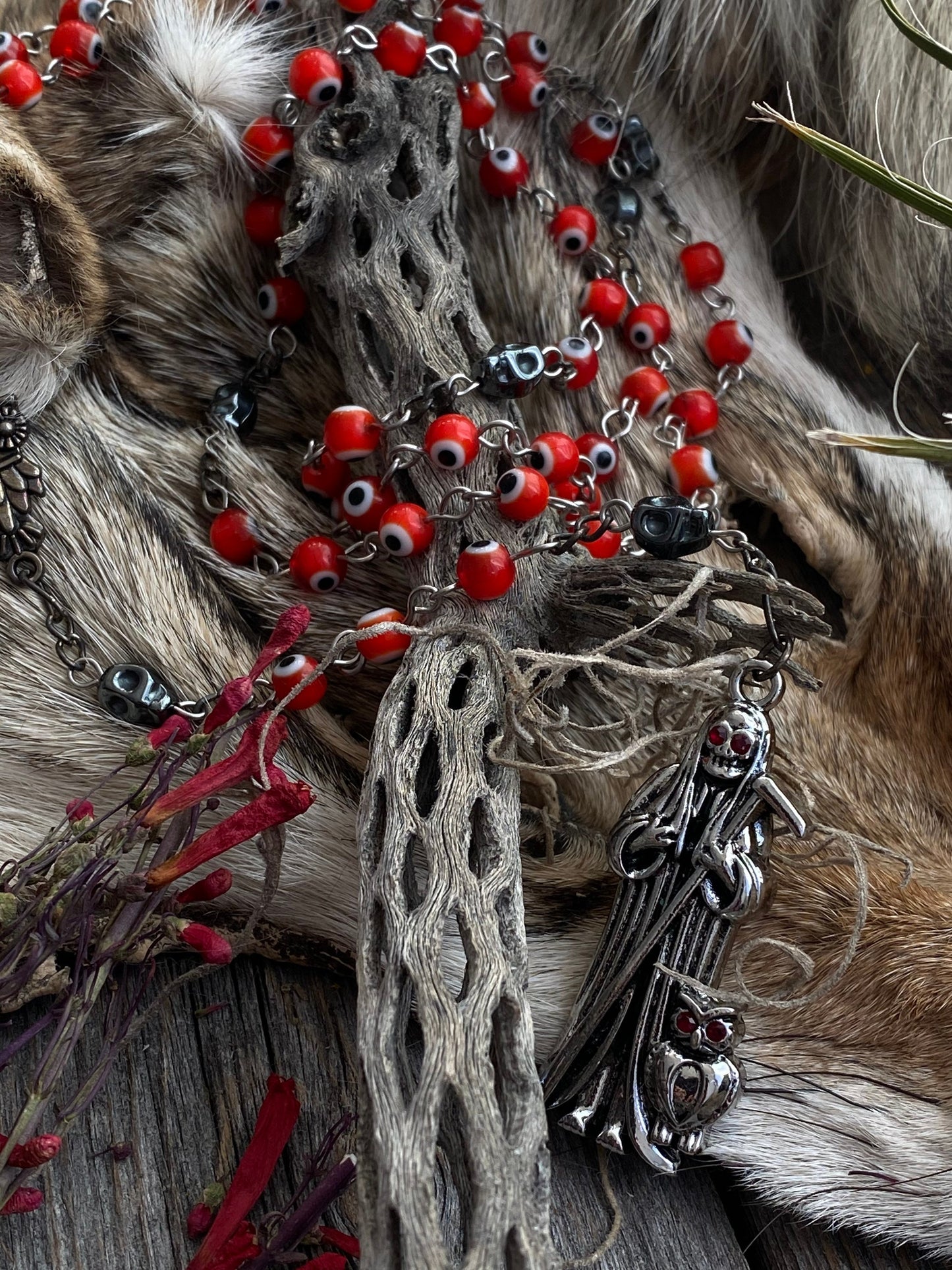 Santa Muerte Roja Evil Eye Rosary + Love + Passion + Domination + Money + Sterling Silver Plated Chain + Handcrafted + Rosario