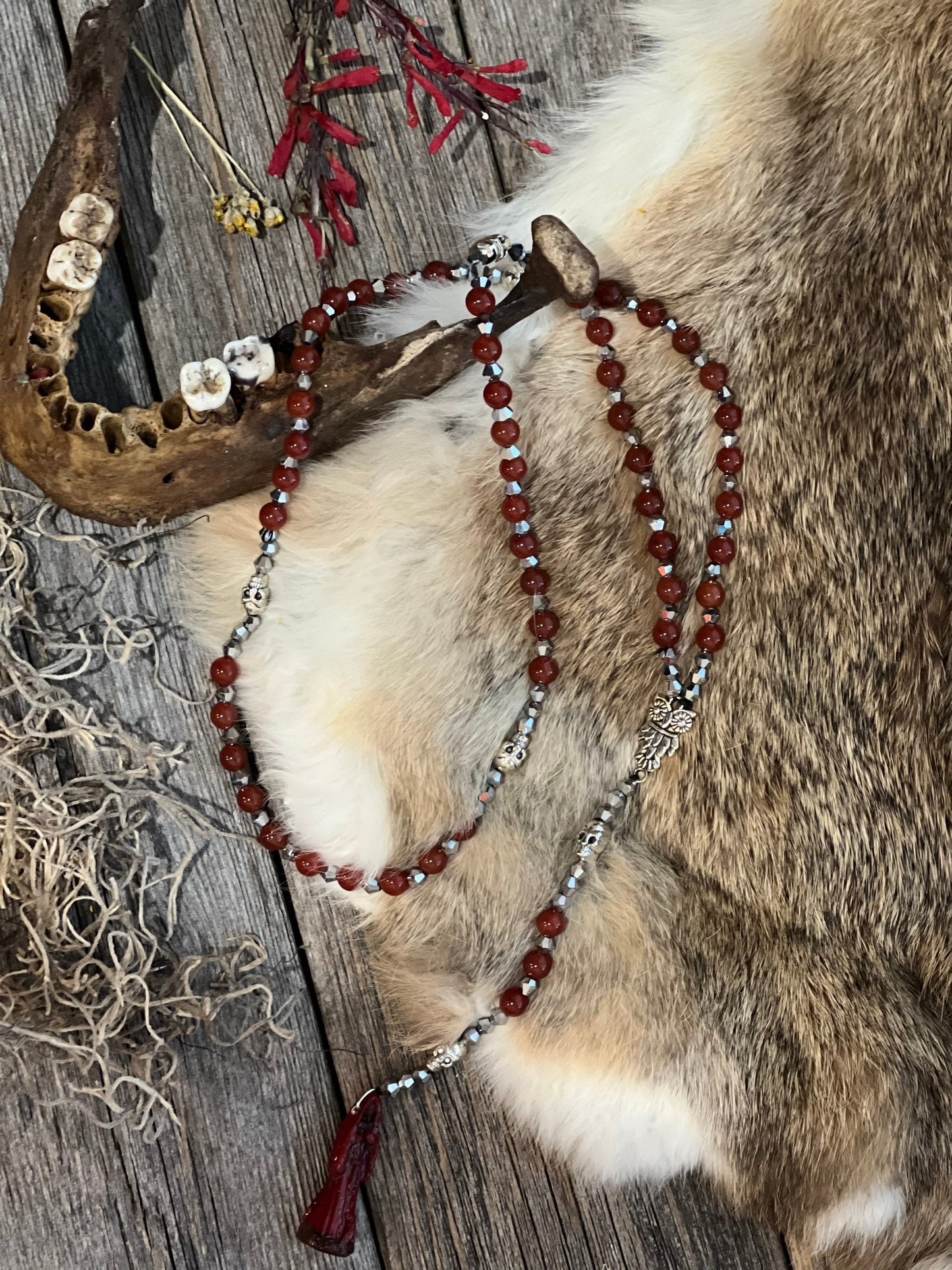 Santa Muerte Roja Rosary de Hilo + Love + Money + Domination + Luck + Justice + Blessed + Gemstone + Carnelian + Handcrafted + Rosario