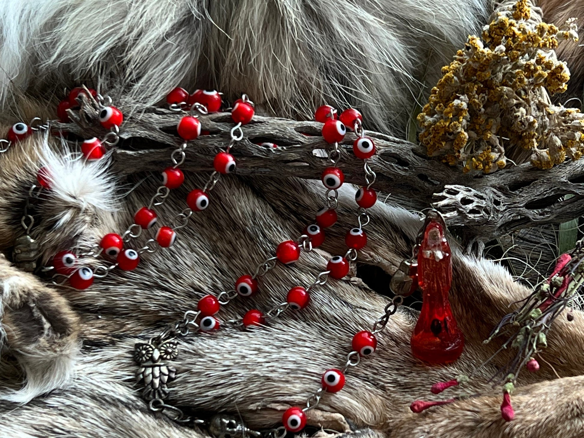 Santa Muerte Roja Evil Eye Rosary + Love + Passion + Domination + Money + Sterling Silver Plated Chain + Handcrafted + Rosario
