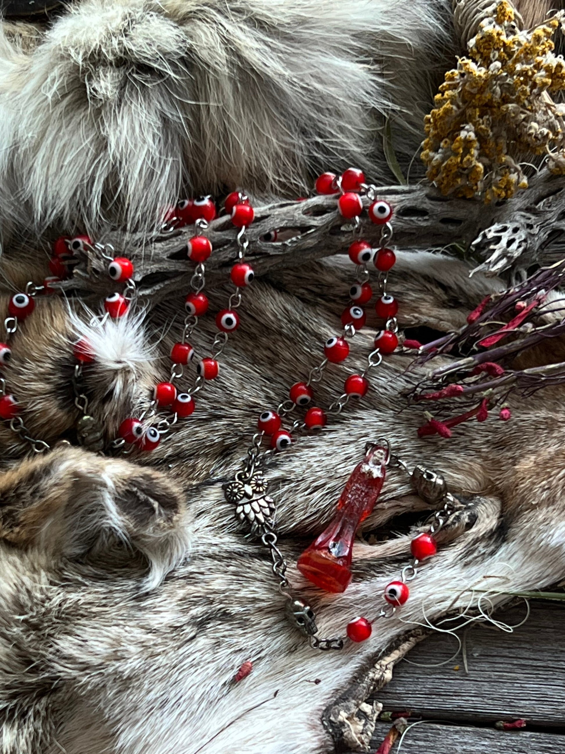 Santa Muerte Roja Evil Eye Rosary + Love + Passion + Domination + Money + Sterling Silver Plated Chain + Handcrafted + Rosario