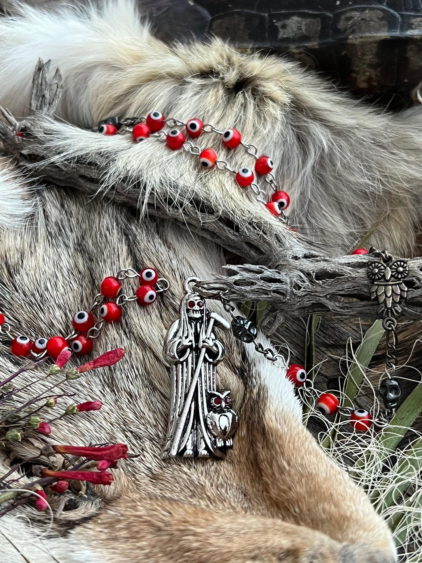Santa Muerte Roja Evil Eye Rosary + Love + Passion + Domination + Money + Sterling Silver Plated Chain + Handcrafted + Rosario