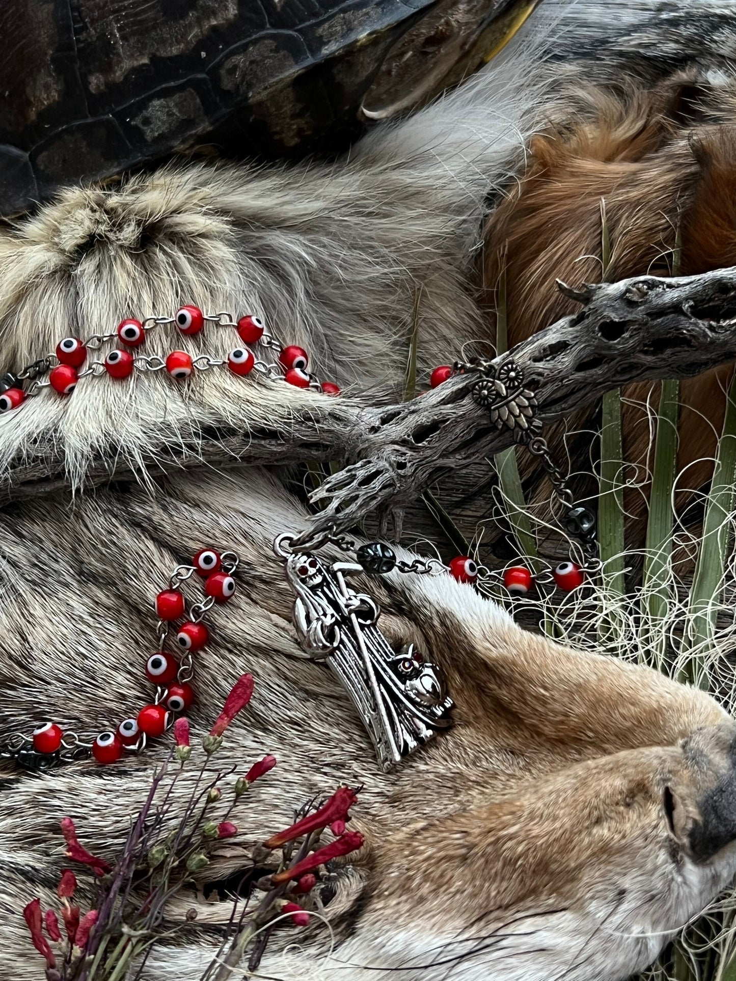 Santa Muerte Roja Evil Eye Rosary + Love + Passion + Domination + Money + Sterling Silver Plated Chain + Handcrafted + Rosario