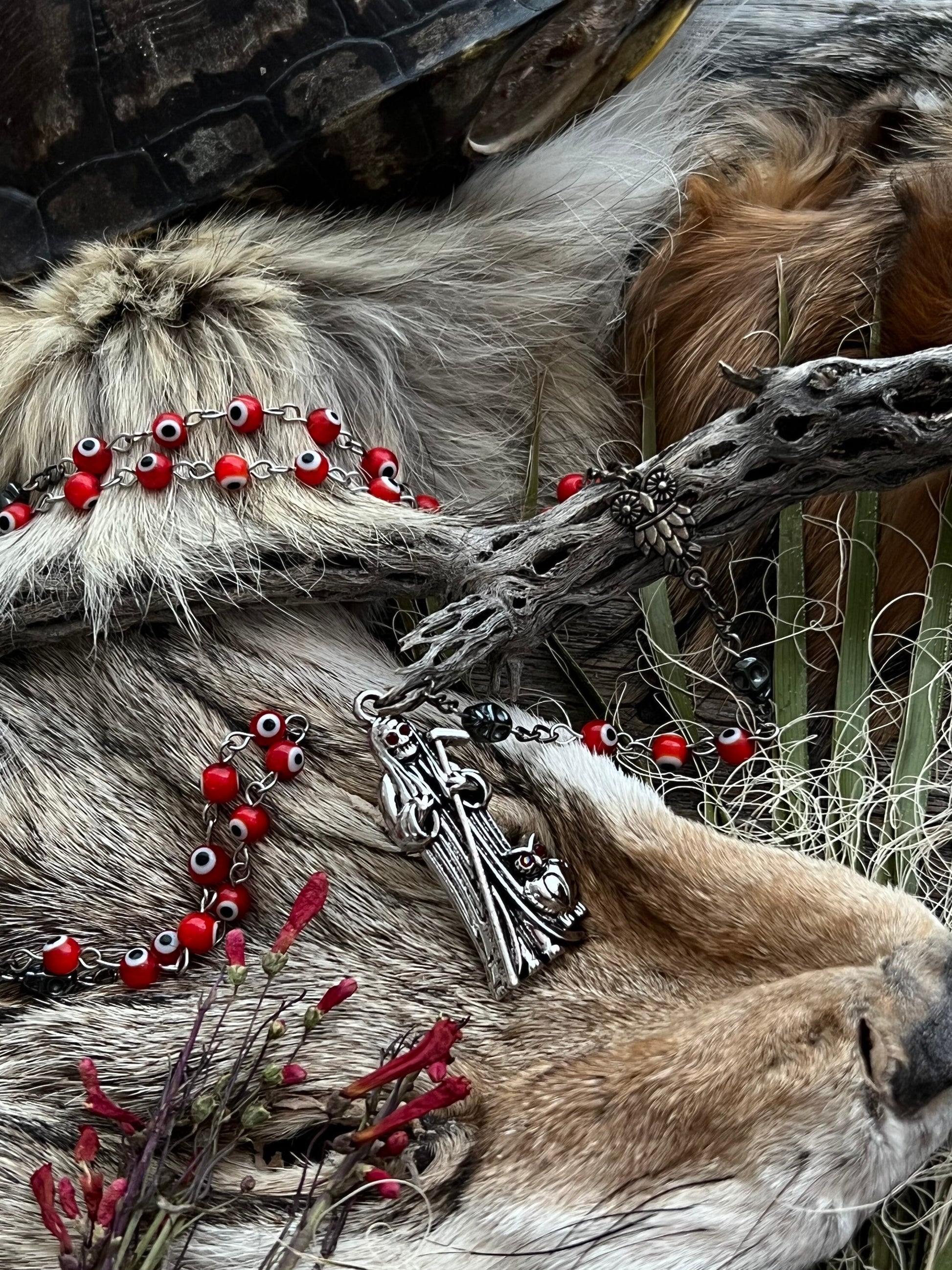 Santa Muerte Roja Evil Eye Rosary + Love + Passion + Domination + Money + Sterling Silver Plated Chain + Handcrafted + Rosario