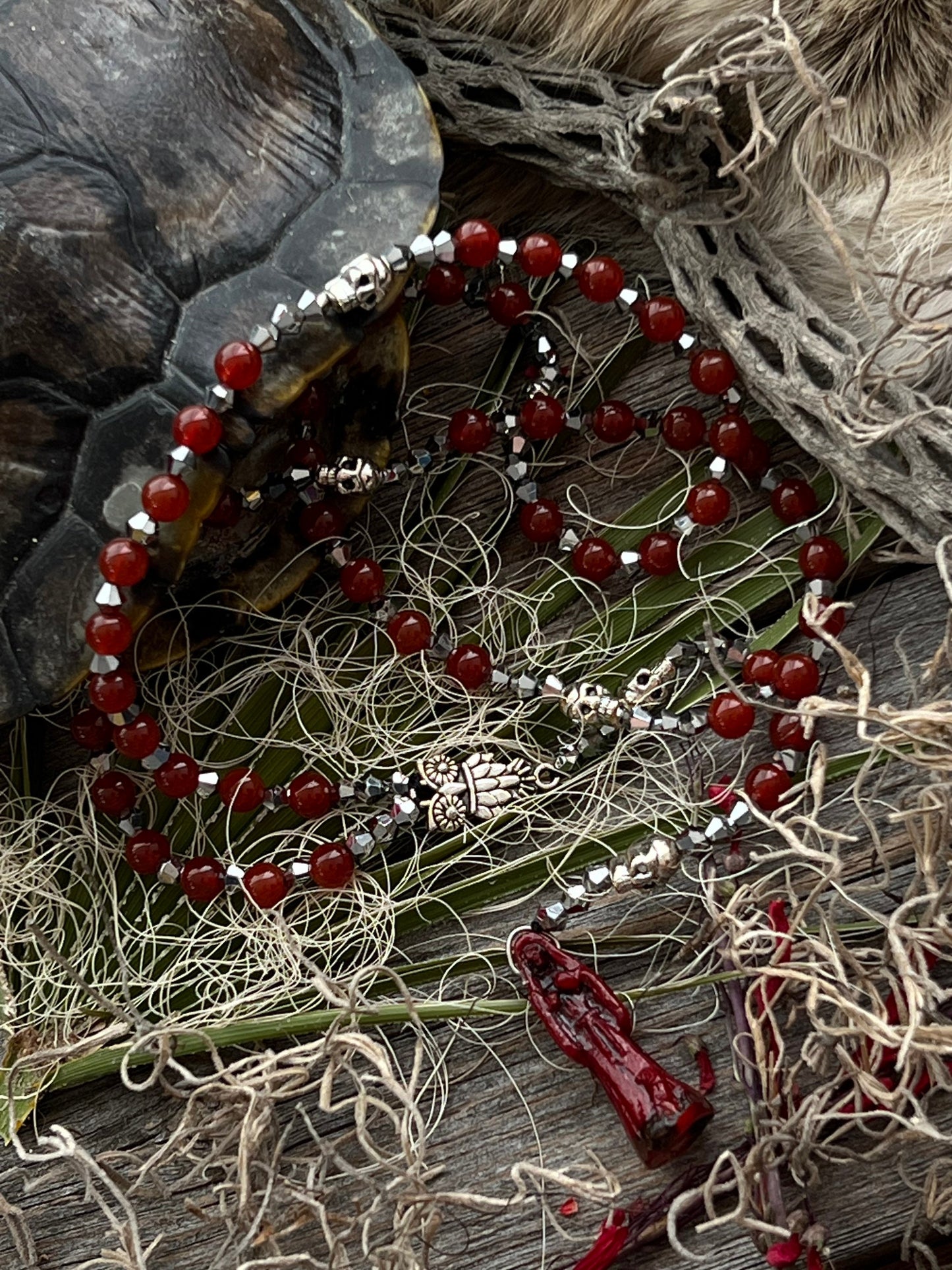 Santa Muerte Roja Rosary de Hilo + Love + Money + Domination + Luck + Justice + Blessed + Gemstone + Carnelian + Handcrafted + Rosario