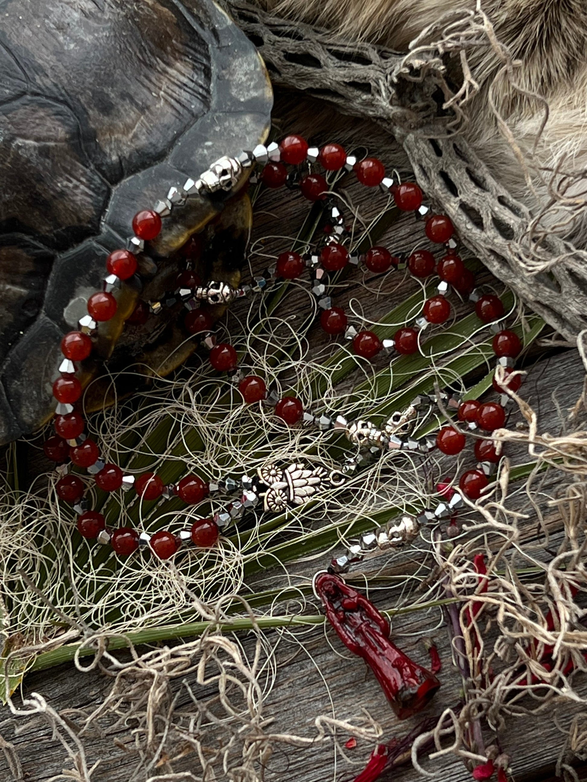 Santa Muerte Roja Rosary de Hilo + Love + Money + Domination + Luck + Justice + Blessed + Gemstone + Carnelian + Handcrafted + Rosario