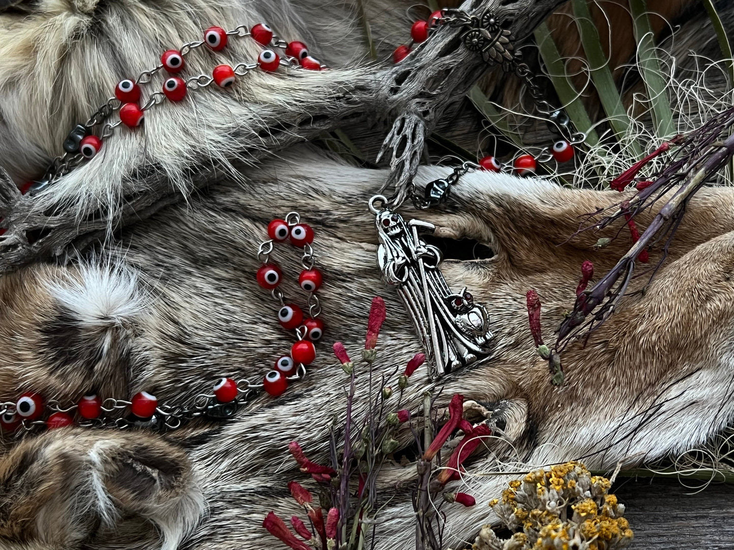 Santa Muerte Roja Evil Eye Rosary + Love + Passion + Domination + Money + Sterling Silver Plated Chain + Handcrafted + Rosario