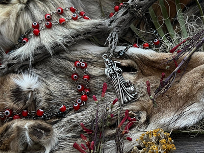 Santa Muerte Roja Evil Eye Rosary + Love + Passion + Domination + Money + Sterling Silver Plated Chain + Handcrafted + Rosario