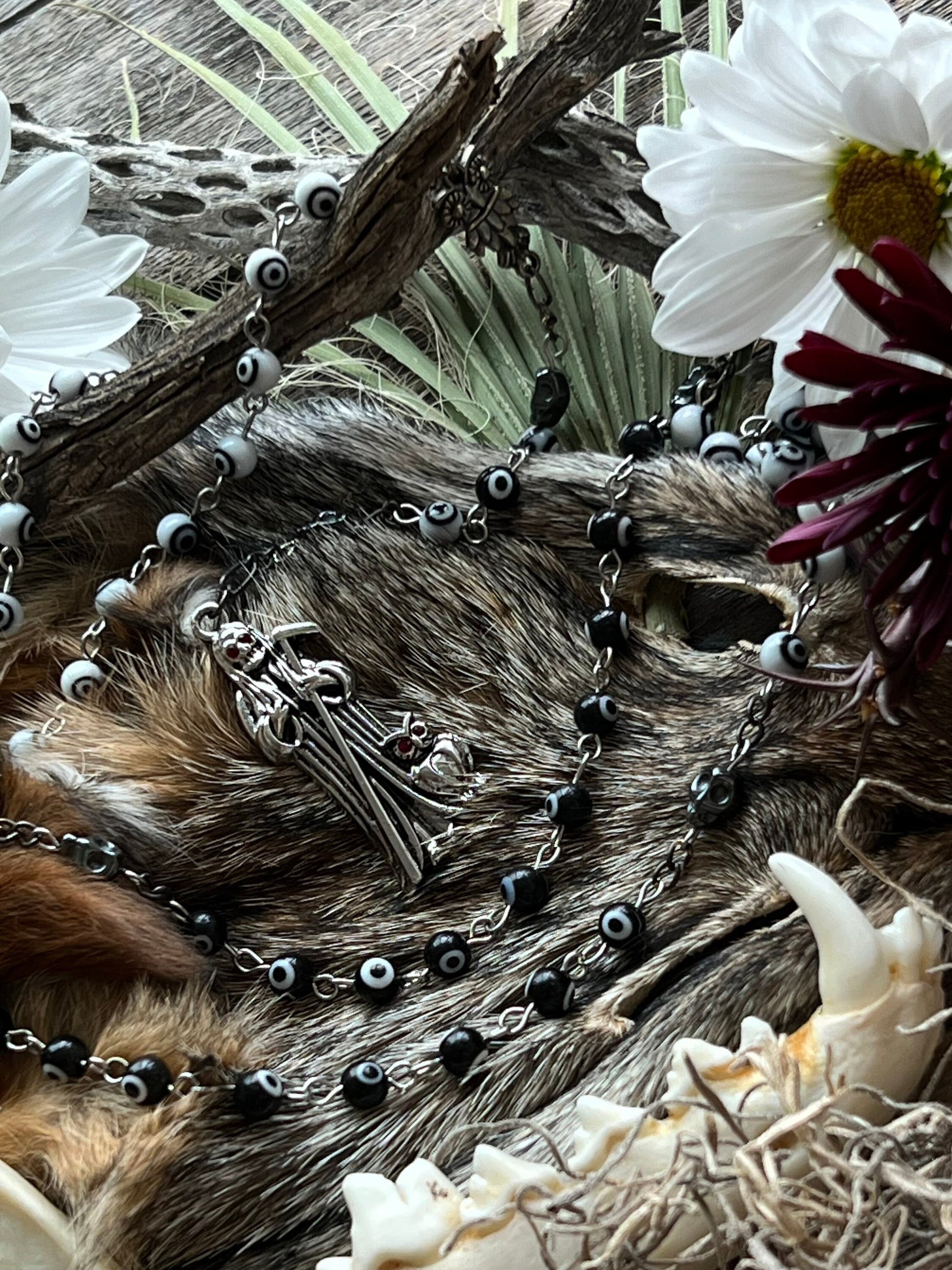 Santa Muerte Negra y Blanca Uncrossing Evil Eye Rosary + Xtreme Protection + Blessed + Sterling Silver Plated Chain + Handcrafted + Rosario