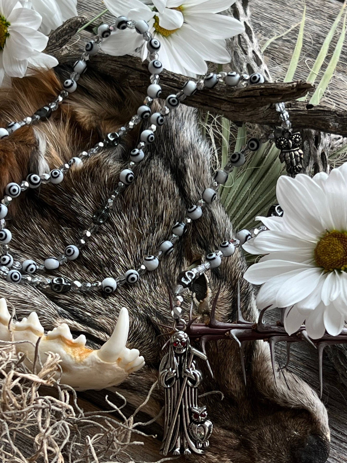 Santa Muerte Blanca Evil Eye Rosary de Hilo + Blessed + Handcrafted + Rosario