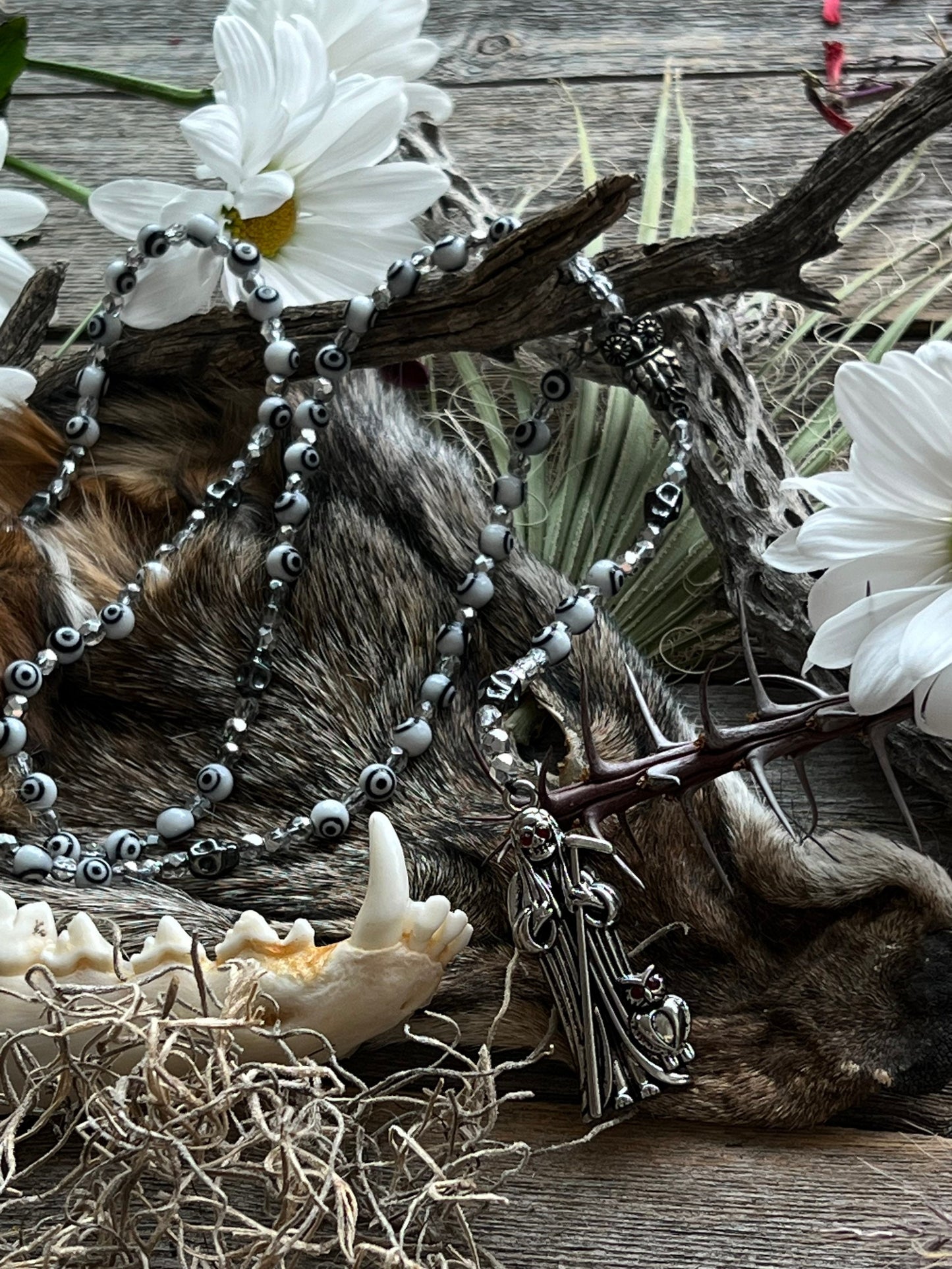 Santa Muerte Blanca Evil Eye Rosary de Hilo + Blessed + Handcrafted + Rosario