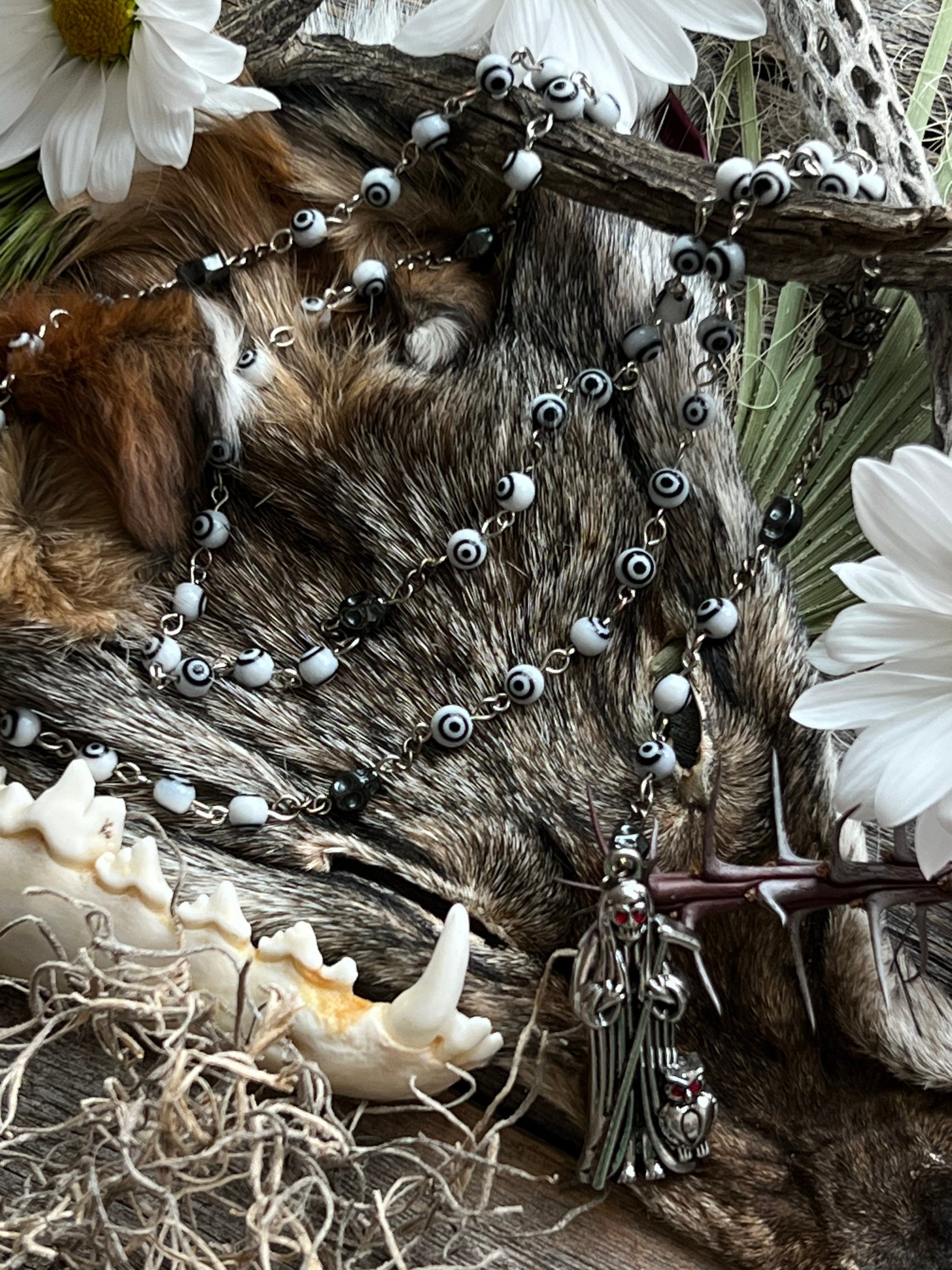 Santa Muerte Blanca Evil Eye Rosary + Blessed + Sterling Silver Plated Chain + Handcrafted + Rosario