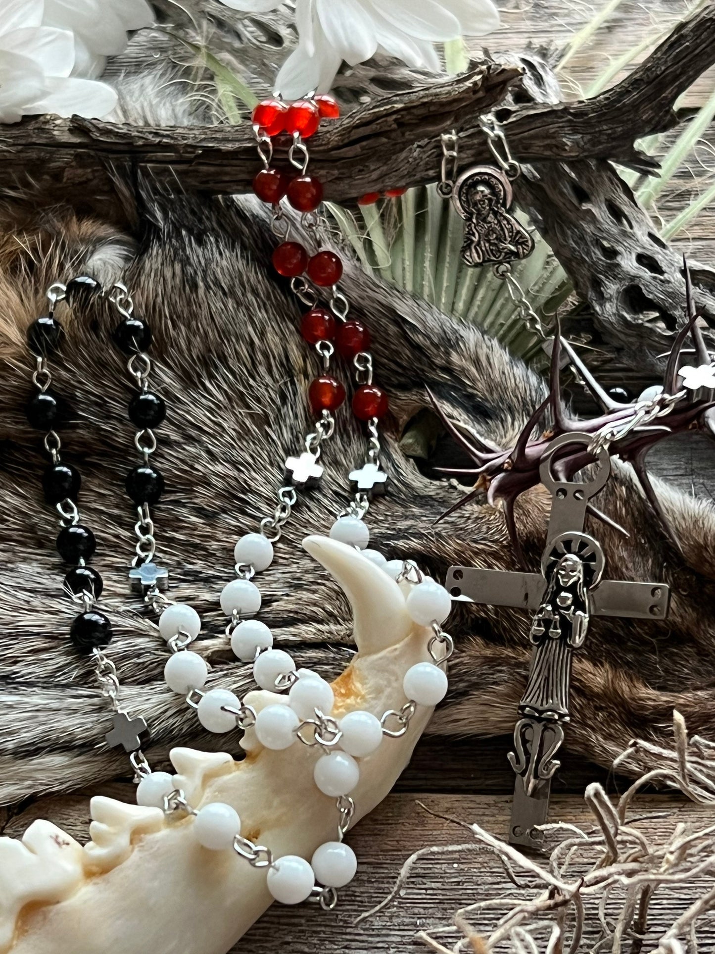 Santa Muerte Rosary with Tricolor Gemstone Beads & S Muerte Cross + Blessed + 3 Robes + Sterling Silver Plated Chain + Handcrafted + Rosario