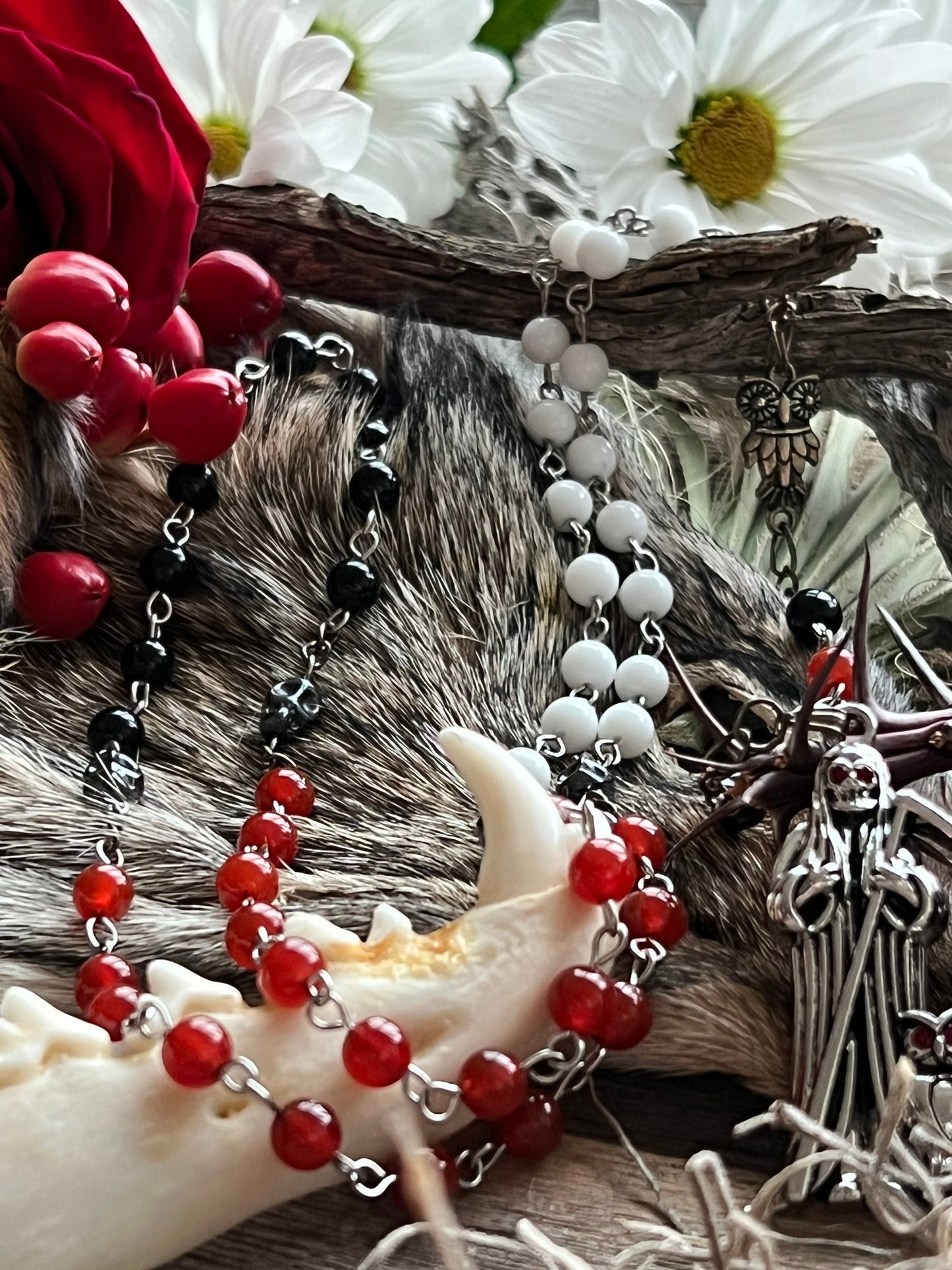 Santa Muerte 3 Robes Rosary + Gemstone + Blessed + Traditional Colors + Sterling Silver Plated Chain + Handcrafted + Rosario + All-Purpose