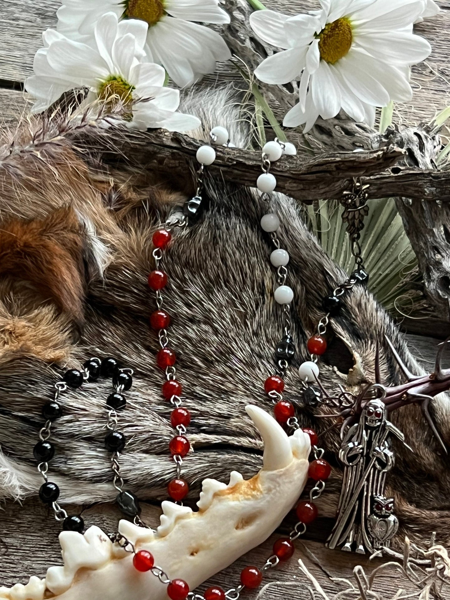 Santa Muerte 3 Robes Rosary + Gemstone + Blessed + Traditional Colors + Sterling Silver Plated Chain + Handcrafted + Rosario + All-Purpose