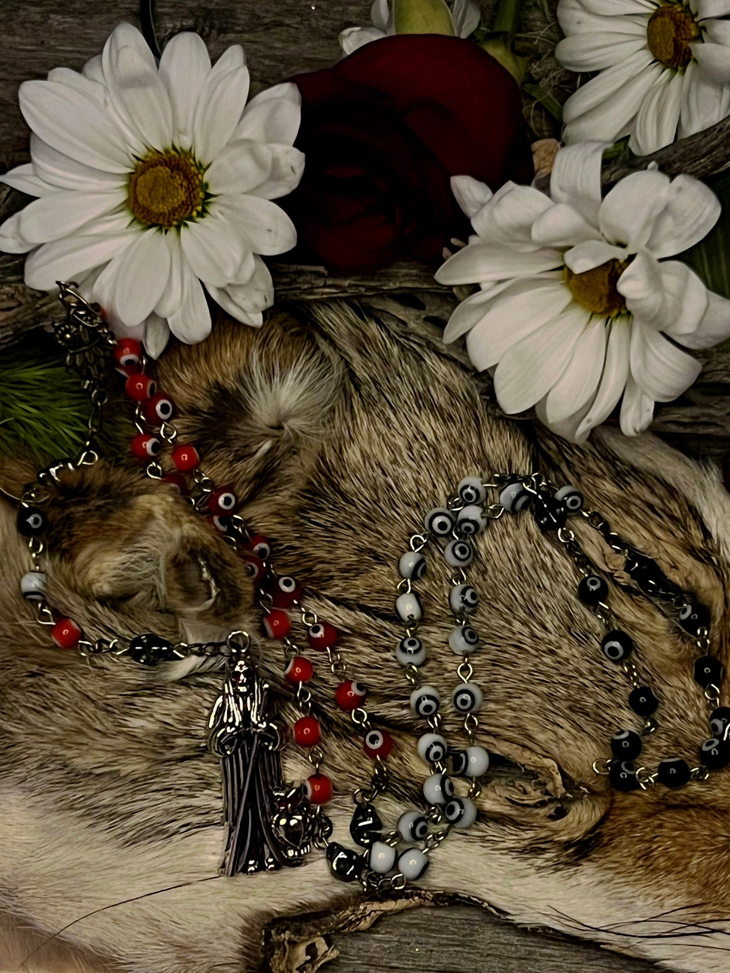 Santa Muerte Evil Eye Rosary + Traditional Colors + 3 Robes + Blessed + Handcrafted + Sterling Silver Plated Chain + Rosario + Tricolor