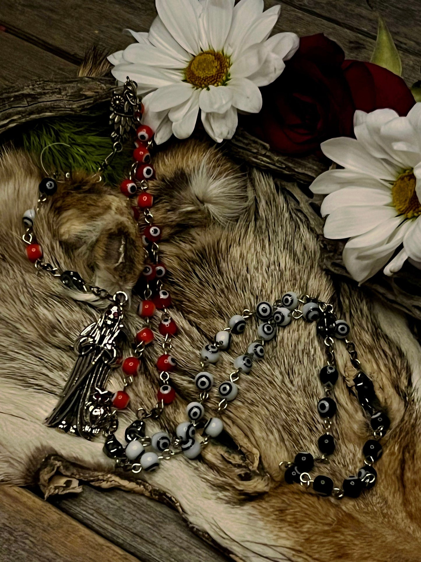 Santa Muerte Evil Eye Rosary + Traditional Colors + 3 Robes + Blessed + Handcrafted + Sterling Silver Plated Chain + Rosario + Tricolor
