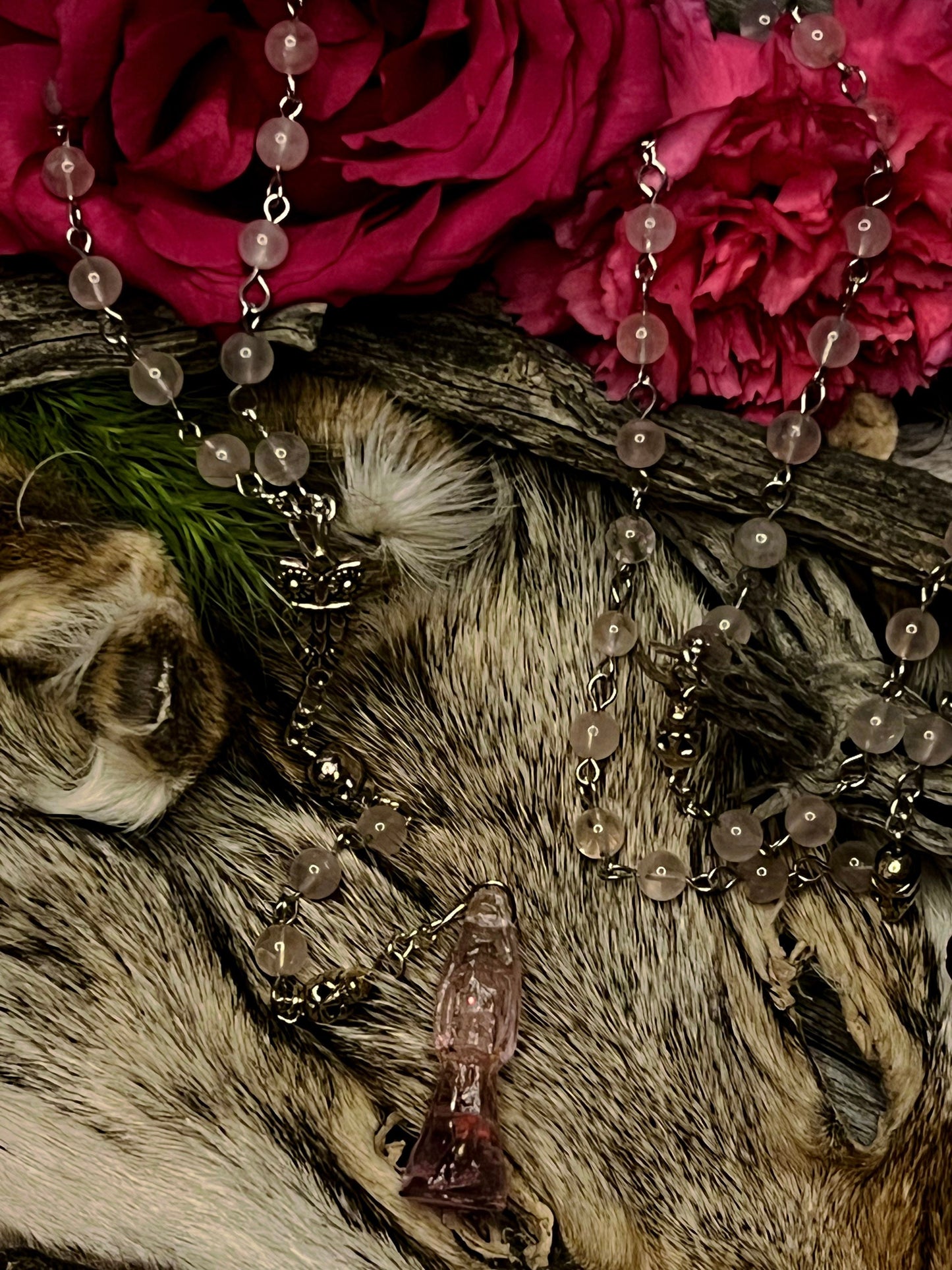 Santa Muerte Rosada Rosary + Love + Rose Quartz + Pink + Transparent + Sterling Silver Plated Chain + Handcrafted + Gemstone + Rosario