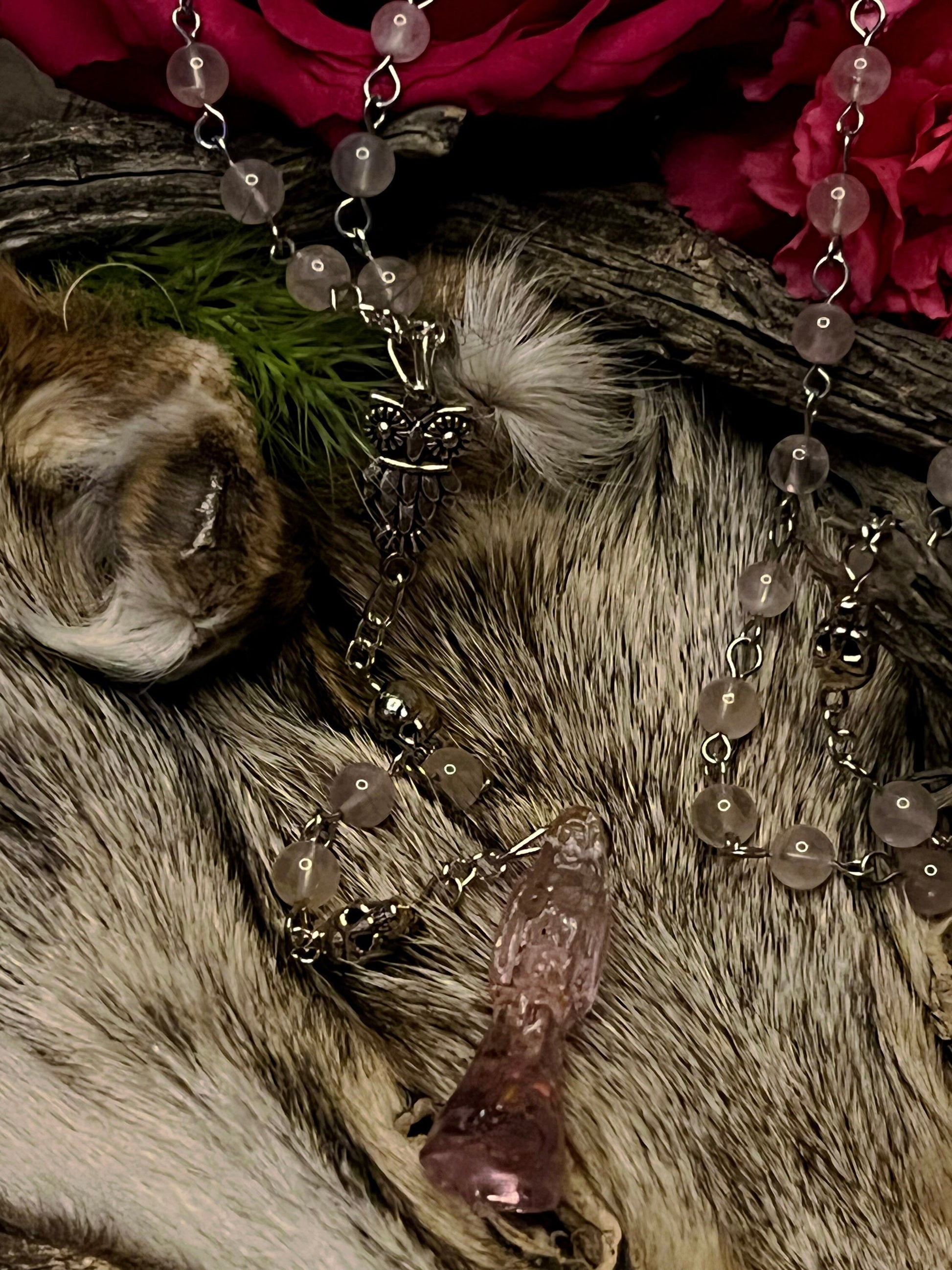 Santa Muerte Rosada Rosary + Love + Rose Quartz + Pink + Transparent + Sterling Silver Plated Chain + Handcrafted + Gemstone + Rosario