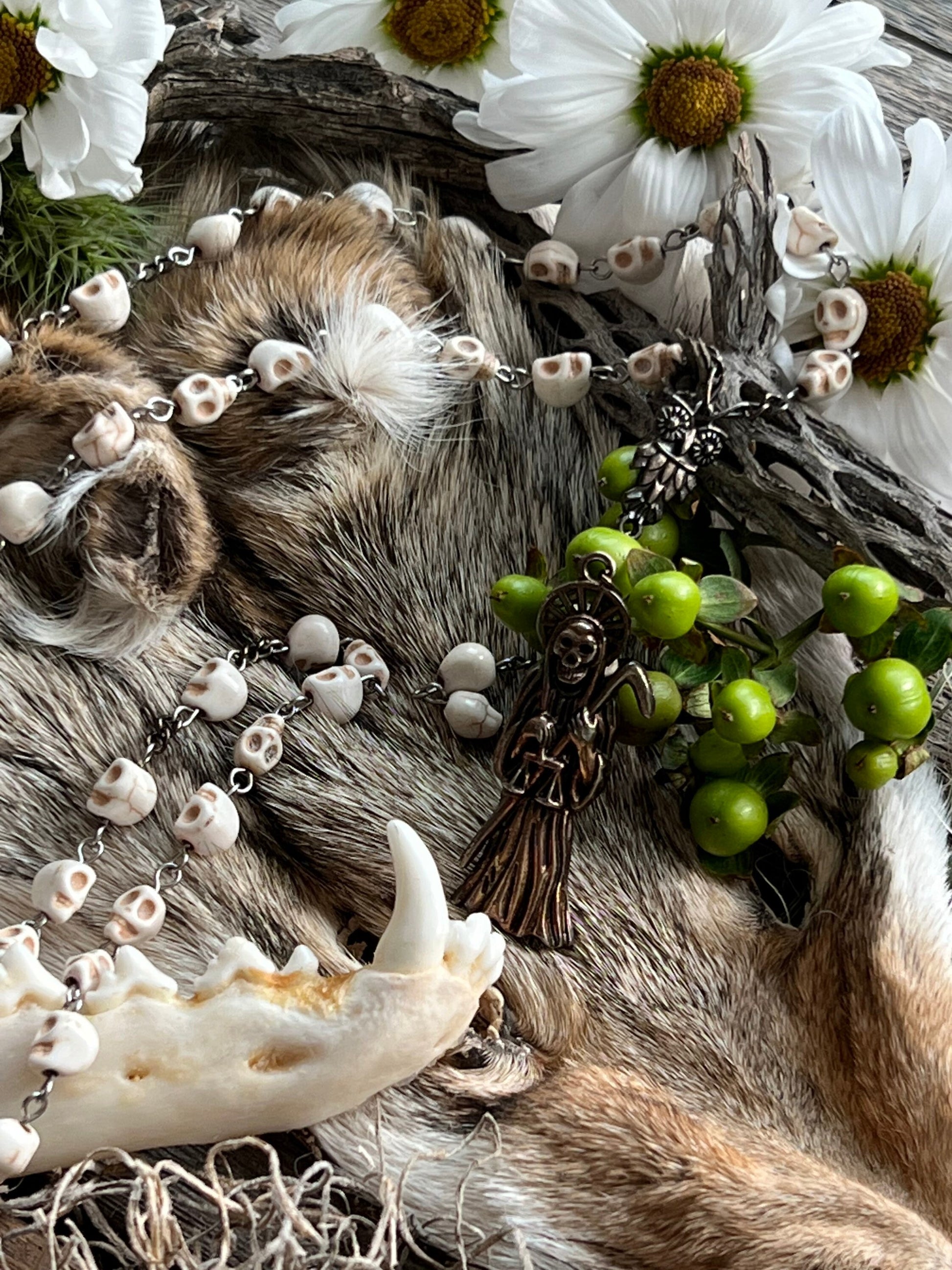 Santa Muerte Blanca Rosary + Blessed + Sterling Silver Plated Chain + Handcrafted + Rosario