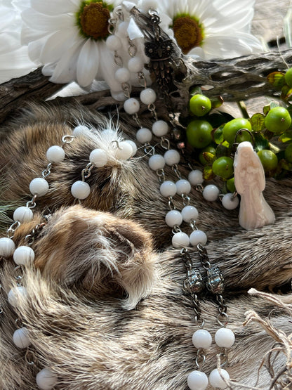 Santa Muerte Blanca Rosary + Sterling Silver Plated Chain + Gemstone + Alabaster + Handcrafted + Rosario