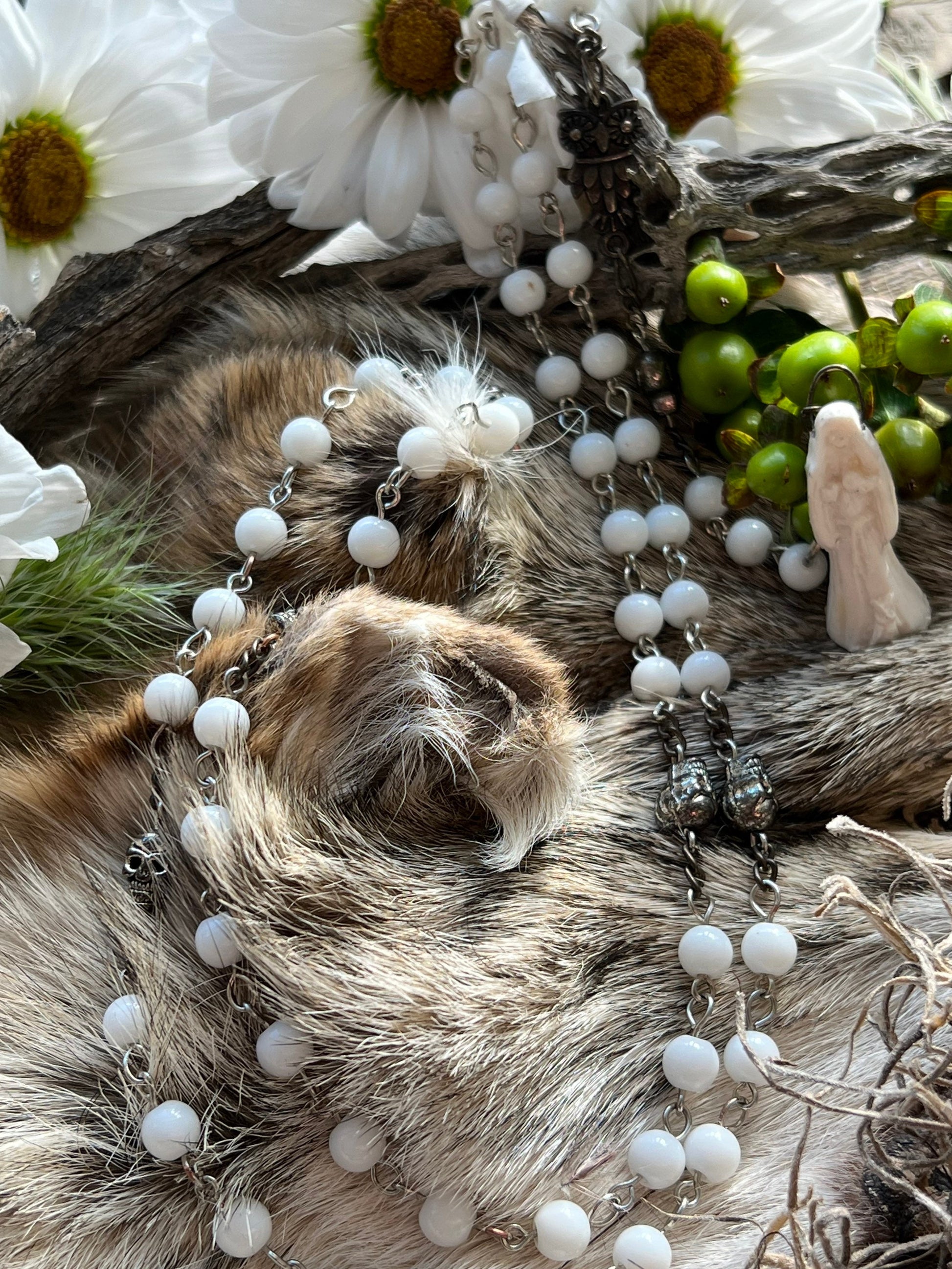 Santa Muerte Blanca Rosary + Sterling Silver Plated Chain + Gemstone + Alabaster + Handcrafted + Rosario