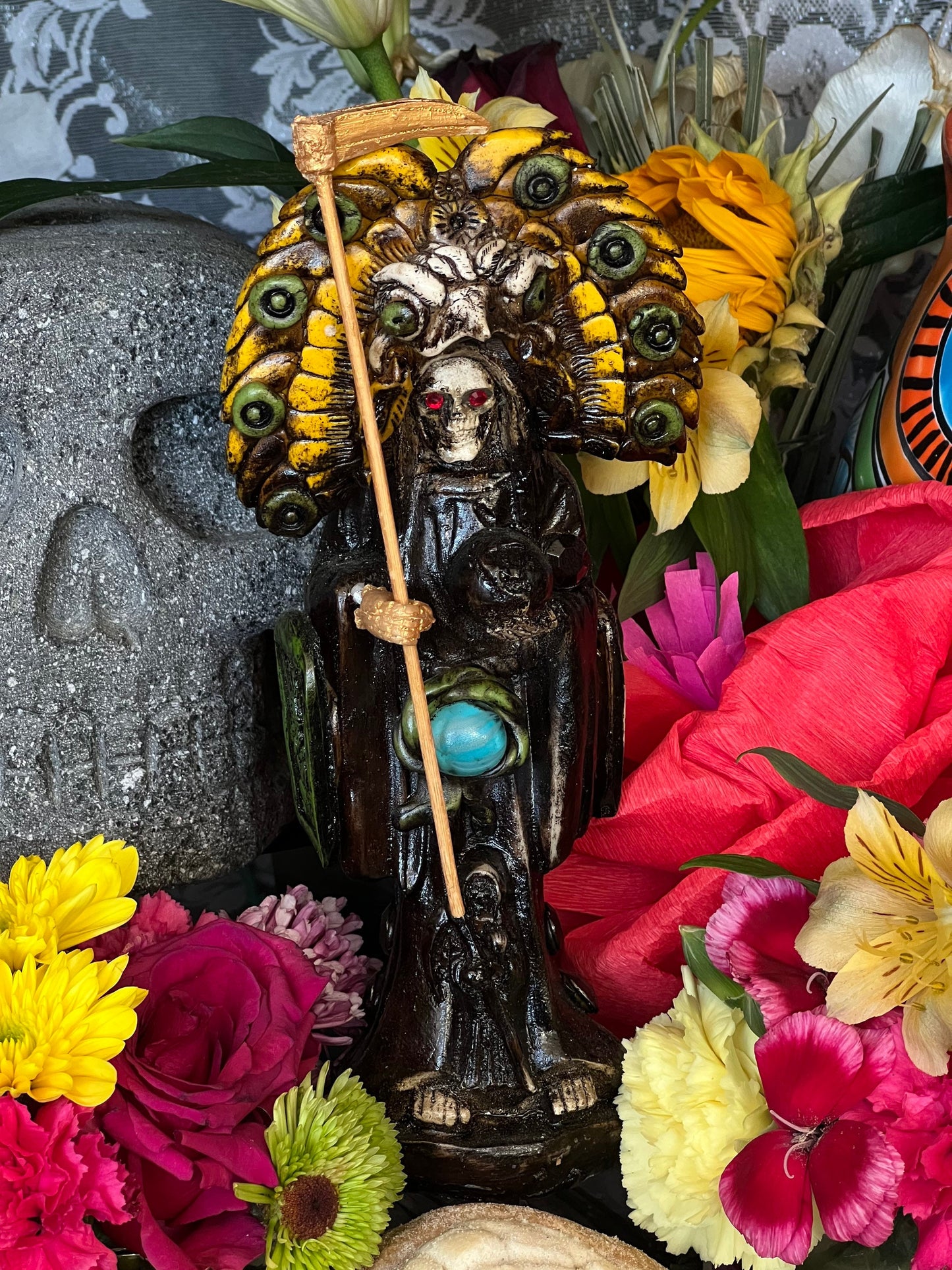 Santa Muerte Azteca Statue + 24K Gold + Baptized + Fixed + Made in Mexico + Aztek
