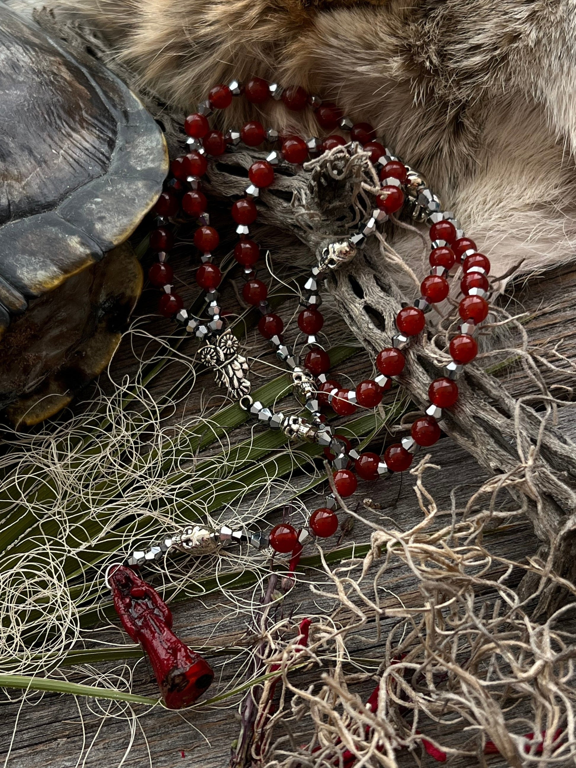 Santa Muerte Roja Rosary de Hilo + Love + Money + Domination + Luck + Justice + Blessed + Gemstone + Carnelian + Handcrafted + Rosario