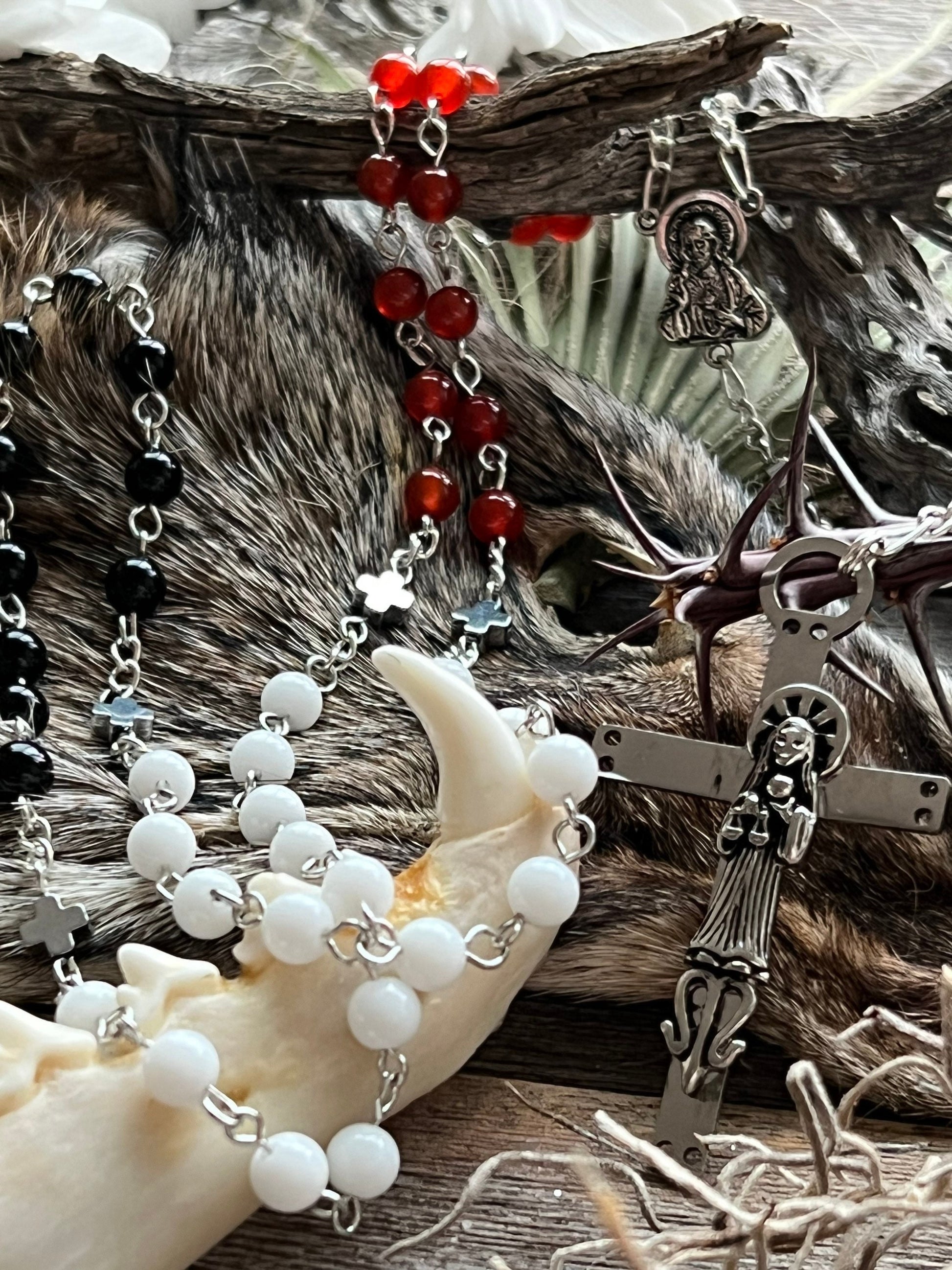 Santa Muerte Rosary with Tricolor Gemstone Beads & S Muerte Cross + Blessed + 3 Robes + Sterling Silver Plated Chain + Handcrafted + Rosario
