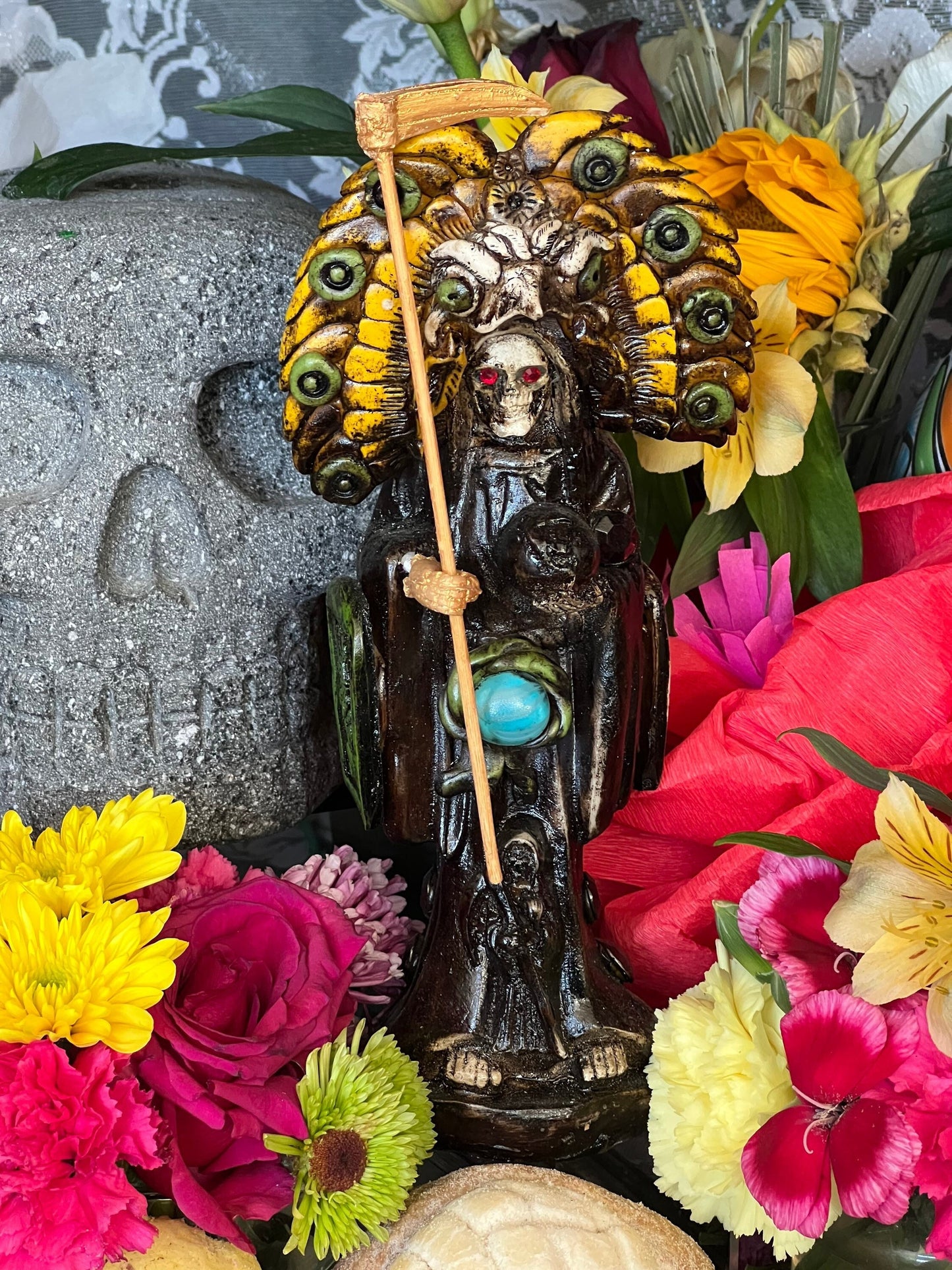 Santa Muerte Azteca Statue + 24K Gold + Baptized + Fixed + Made in Mexico + Aztek