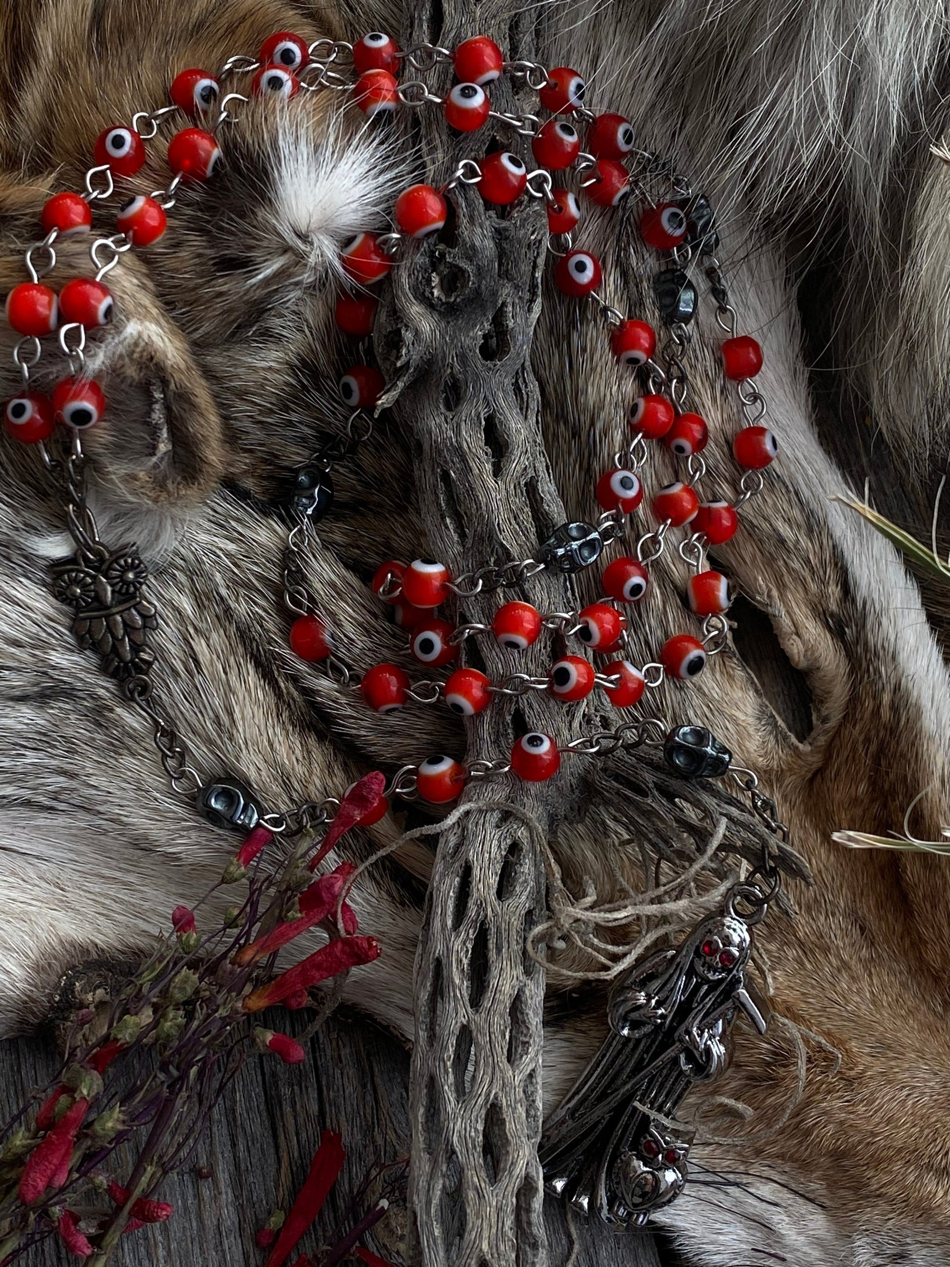 Santa Muerte Roja Evil Eye Rosary + Love + Passion + Domination + Money + Sterling Silver Plated Chain + Handcrafted + Rosario