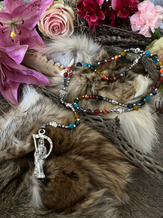 Santa Muerte Siete Colores Rosary de Hilo + Siete Potencias + All-Purpose + Love + Money + Luck + Blessed + Gemstone + Handcrafted + Rosario