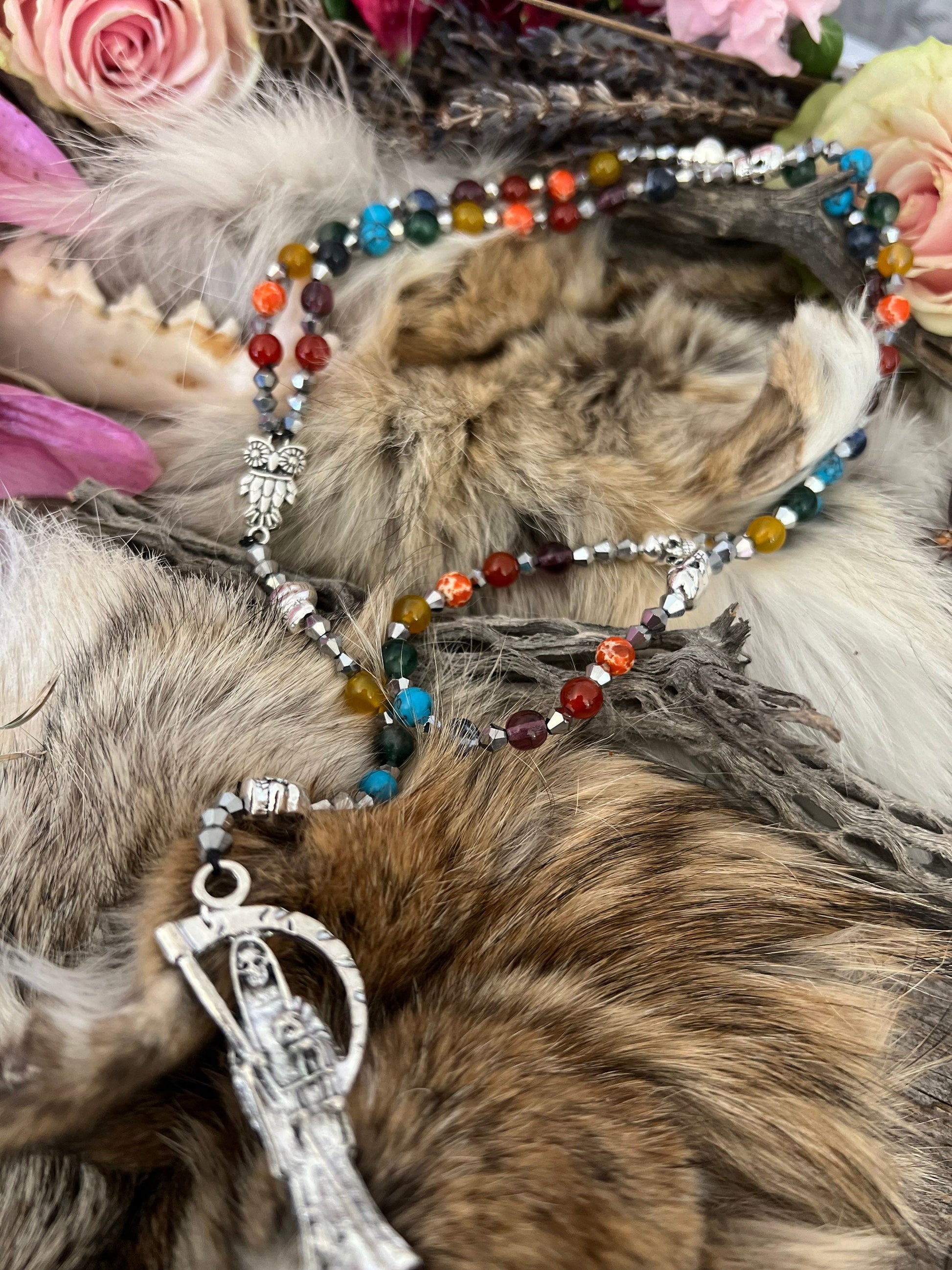 Santa Muerte Siete Colores Rosary de Hilo + Siete Potencias + All-Purpose + Love + Money + Luck + Blessed + Gemstone + Handcrafted + Rosario