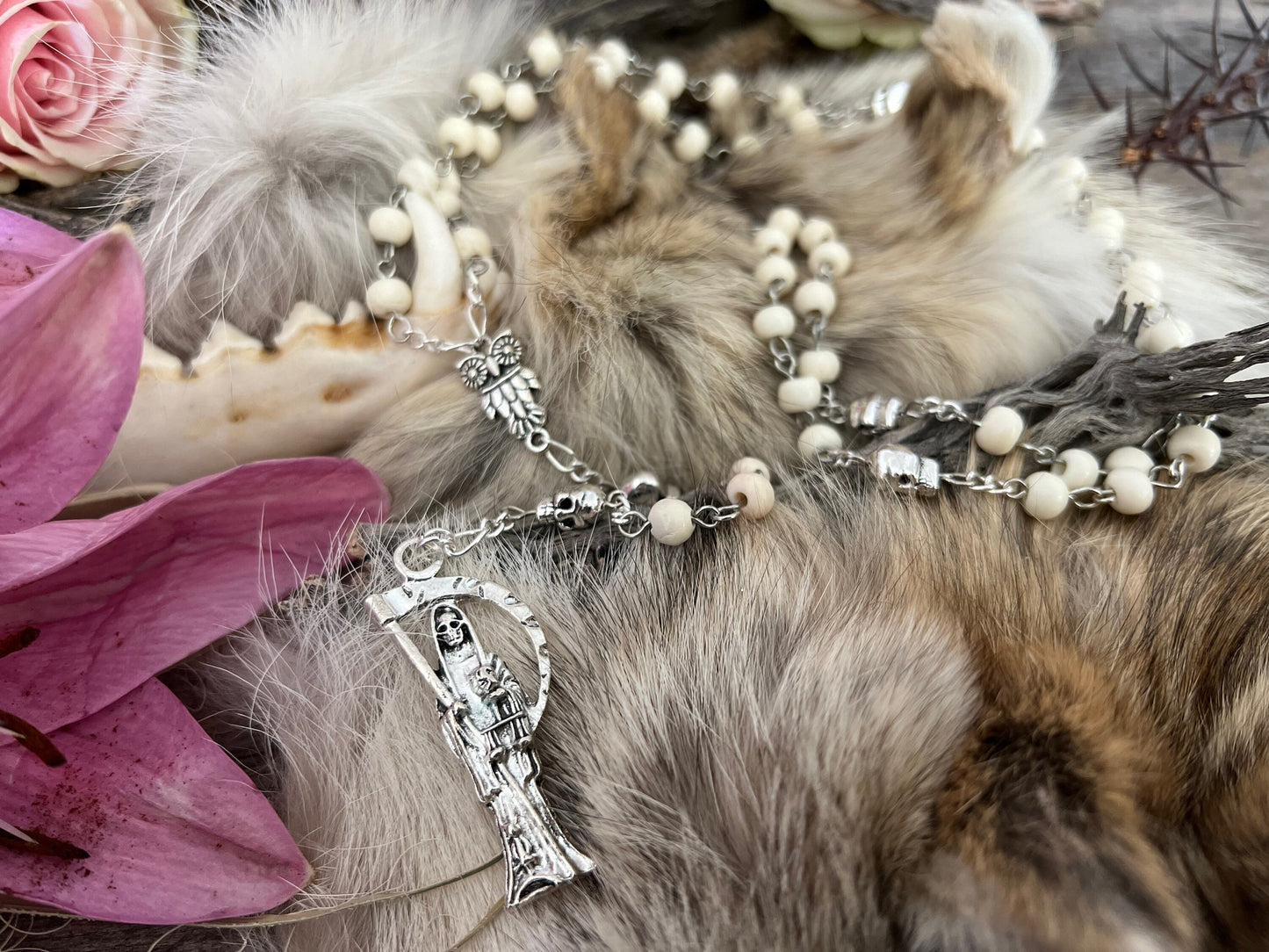 Santa Muerte Blanca Rosary with Bone Beads + Blessed + Sterling Silver Plated Chain + Handcrafted + Rosario