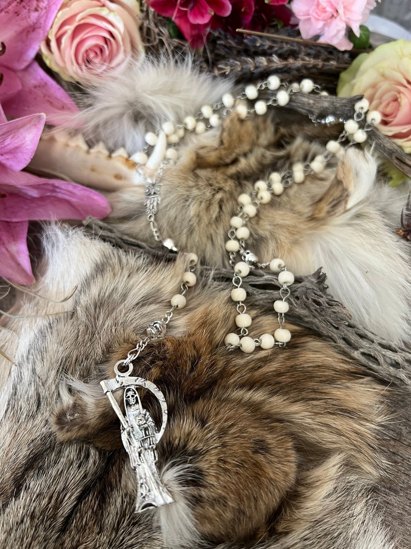Santa Muerte Blanca Rosary with Bone Beads + Blessed + Sterling Silver Plated Chain + Handcrafted + Rosario