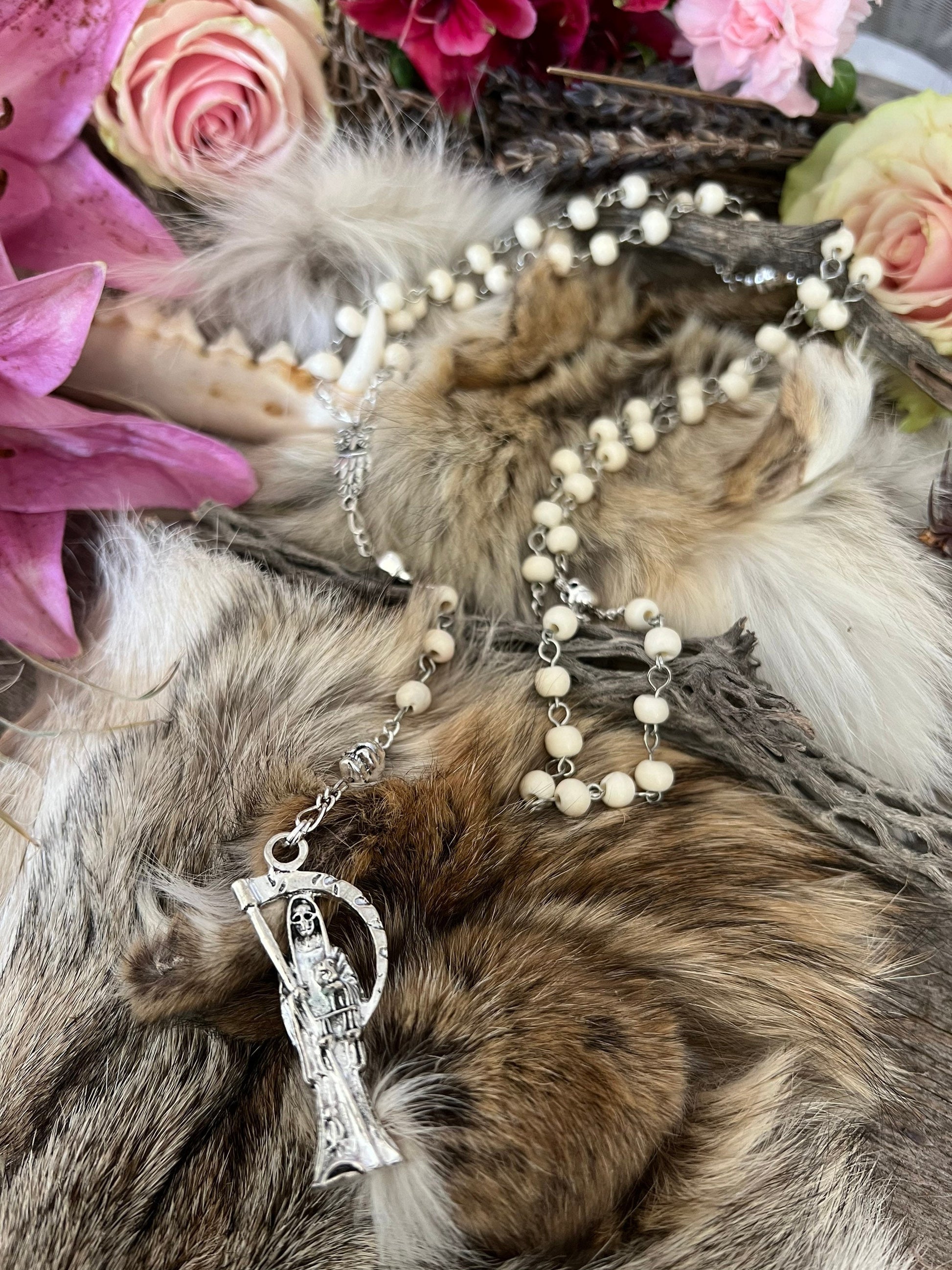 Santa Muerte Blanca Rosary with Bone Beads + Blessed + Sterling Silver Plated Chain + Handcrafted + Rosario
