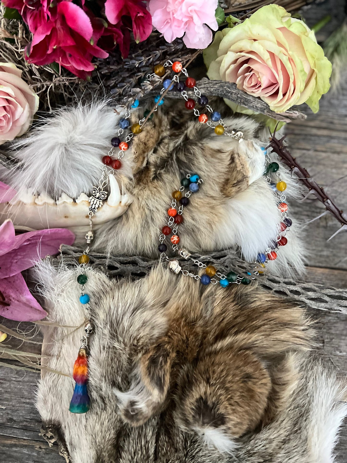 Santa Muerte Siete Colores Rosary + 7 Potencias + All-Purpose + Blessed + Gemstone + Sterling Silver Plated Chain + Handcrafted + Rosario