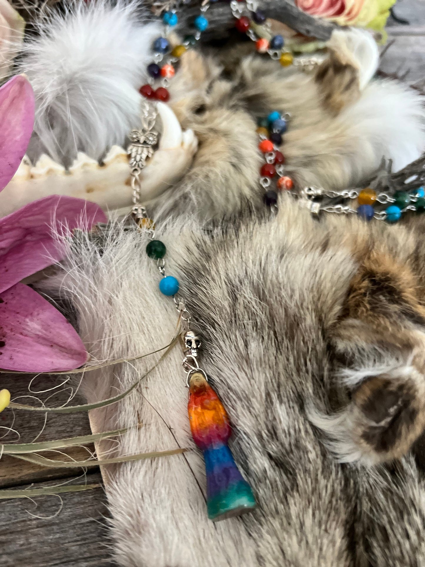 Santa Muerte Siete Colores Rosary + 7 Potencias + All-Purpose + Blessed + Gemstone + Sterling Silver Plated Chain + Handcrafted + Rosario